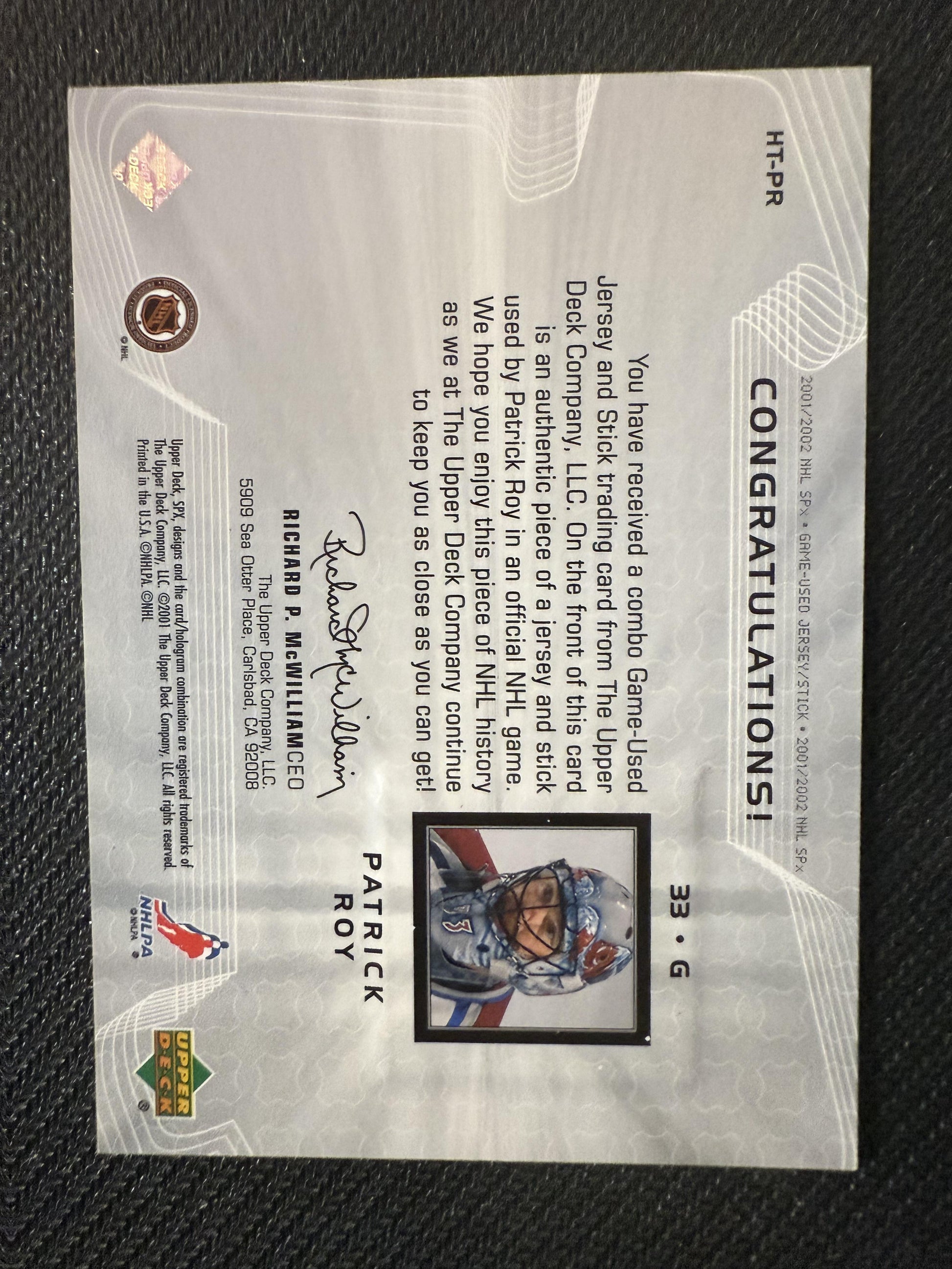 #HT-PR Patrick Roy 2001-02 SPx MEM Colorado Avalanche sports Hockey Treasures
