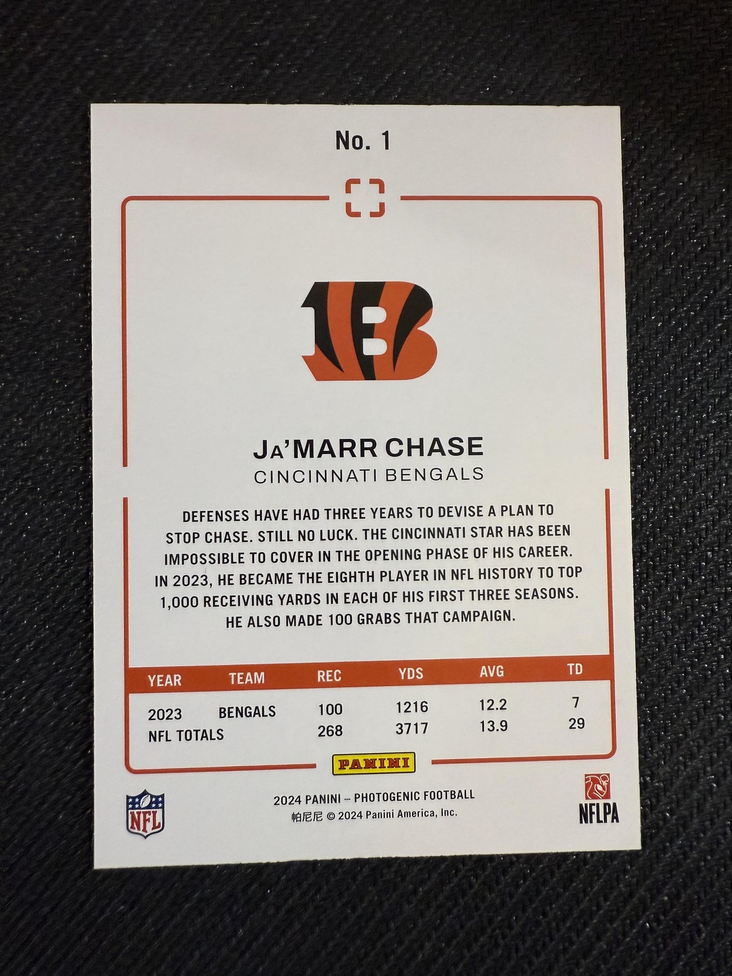 #1 Ja'Marr Chase 2024 Panini Photogenic SN #/15 Cincinnati Bengals sports Pink