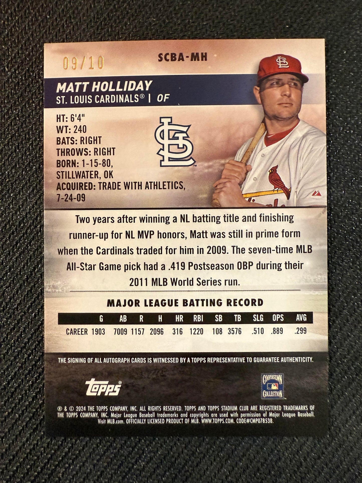#SCBA-MH Matt Holliday 2024 Stadium Club Auto #/10 Cardinals Rainbow Foilboard