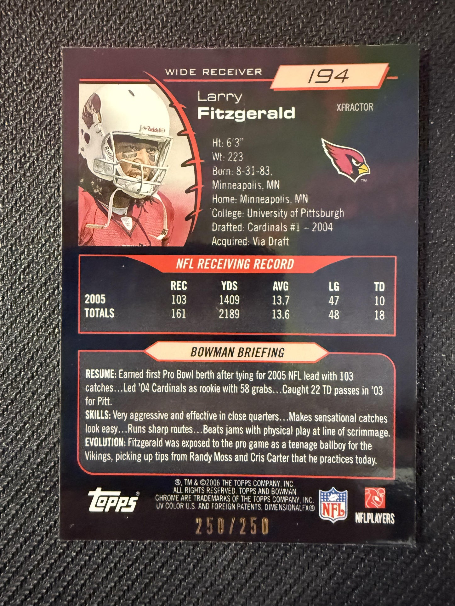 #194 Larry Fitzgerald 2006 Bowman Chrome SN #/250 Arizona Cardinals Xfractors