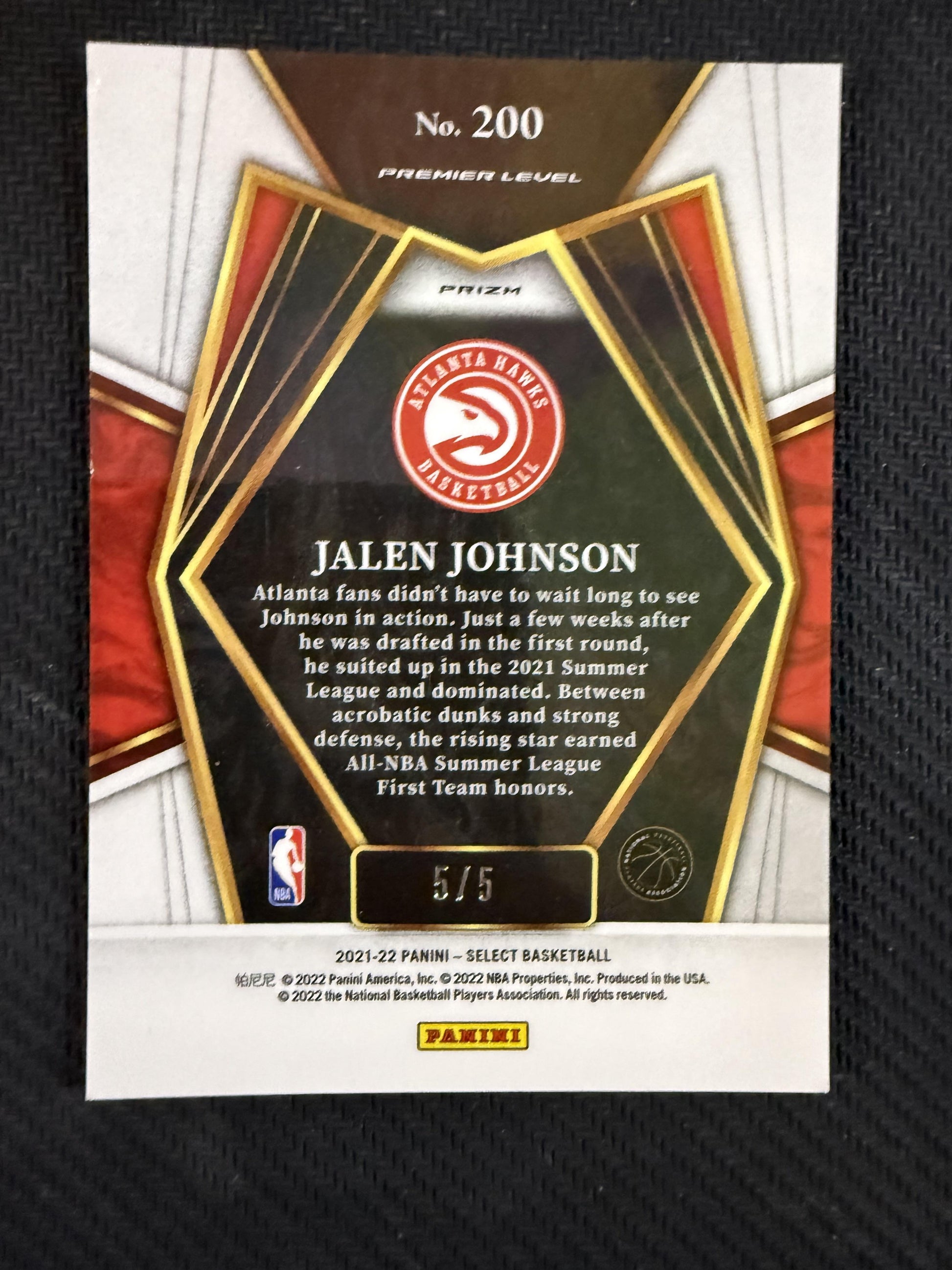 #200 Jalen Johnson 2021-22 Panini Select /5 Hawks Neon Purple Pulsar FOTL