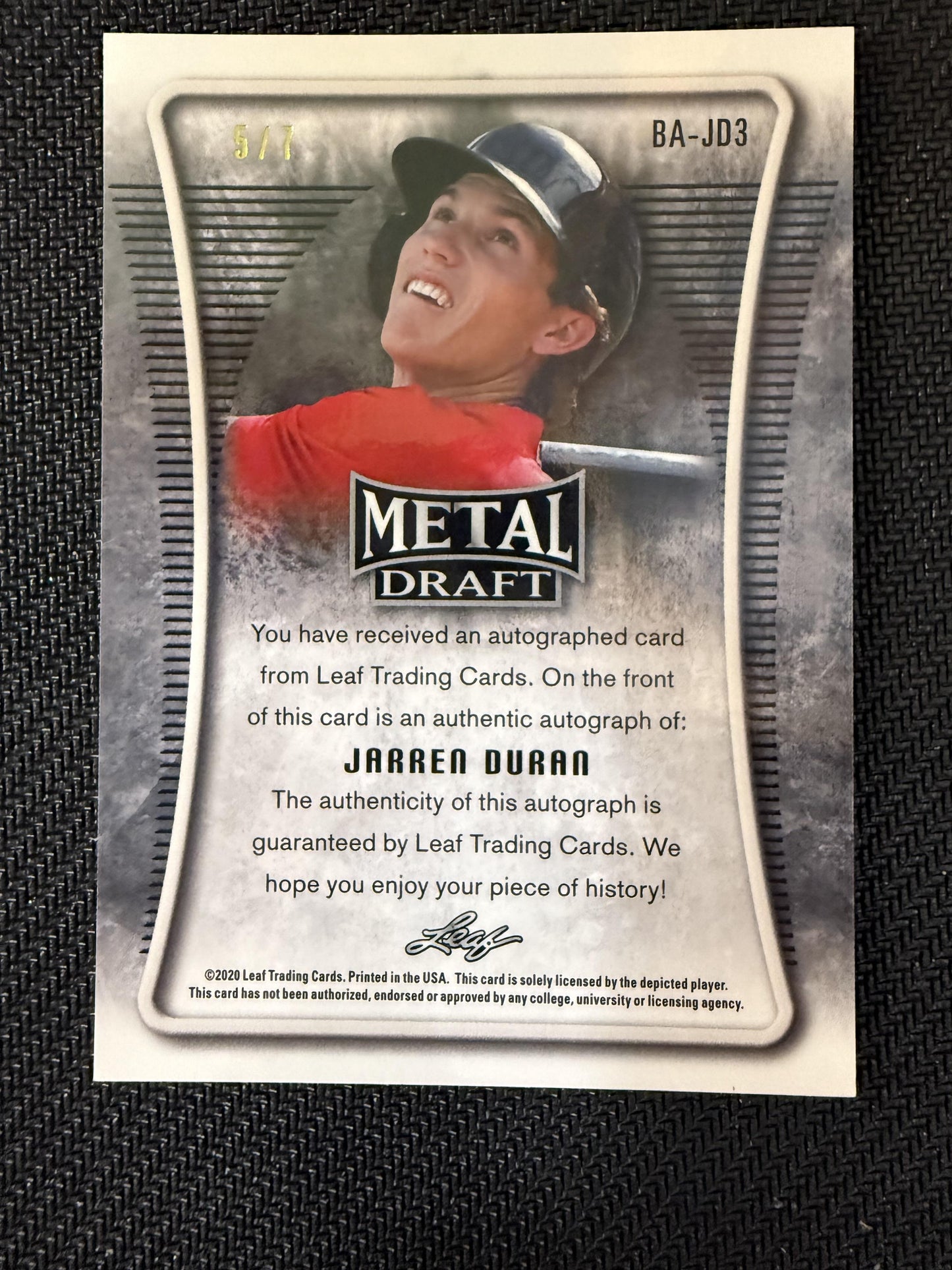 #BA-JD3 Jarren Duran 2020 Leaf Metal Draft SN,AU Auto #/7 Twins Orange Rainbow