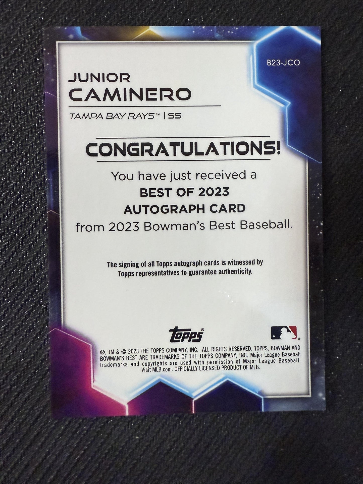 #B23-JCO Junior Caminero 2023 Bowman's Best AU Auto Tampa Bay Rays Best of 2023