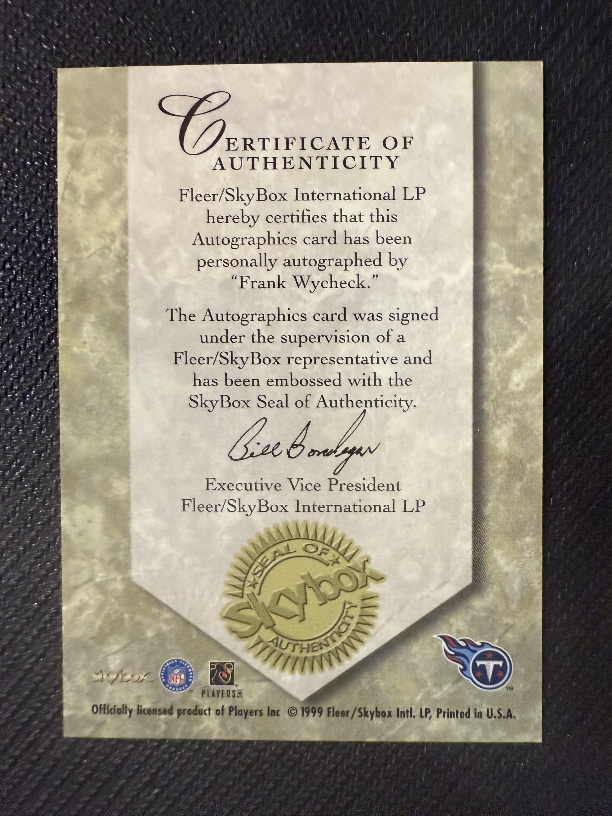 #NNO Frank Wycheck 1999 SkyBox Premium AU Auto Tennessee Titans Autographics