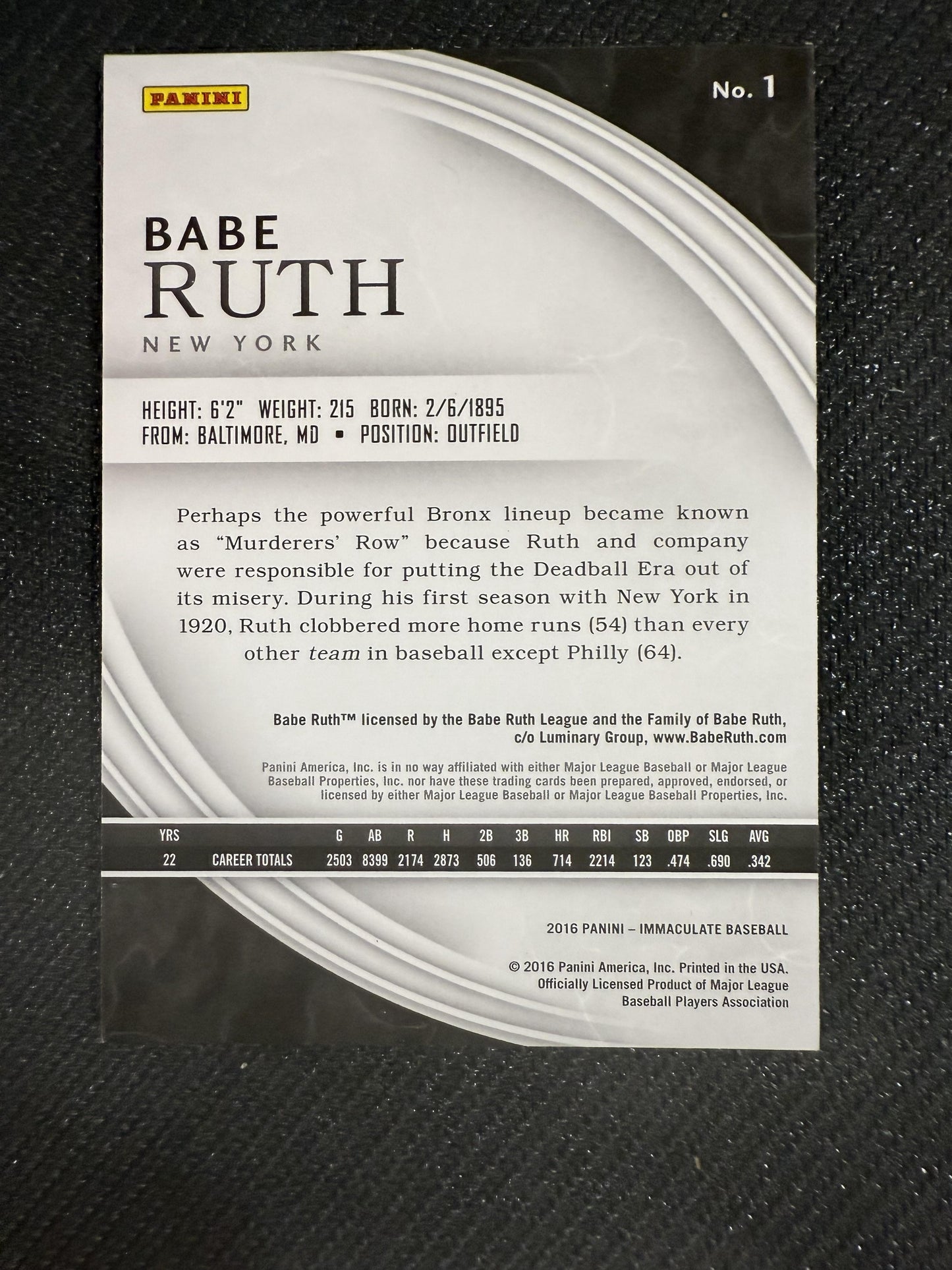 #1 Babe Ruth 2016 Panini Immaculate Collection SN #/25 New York Yankees Red