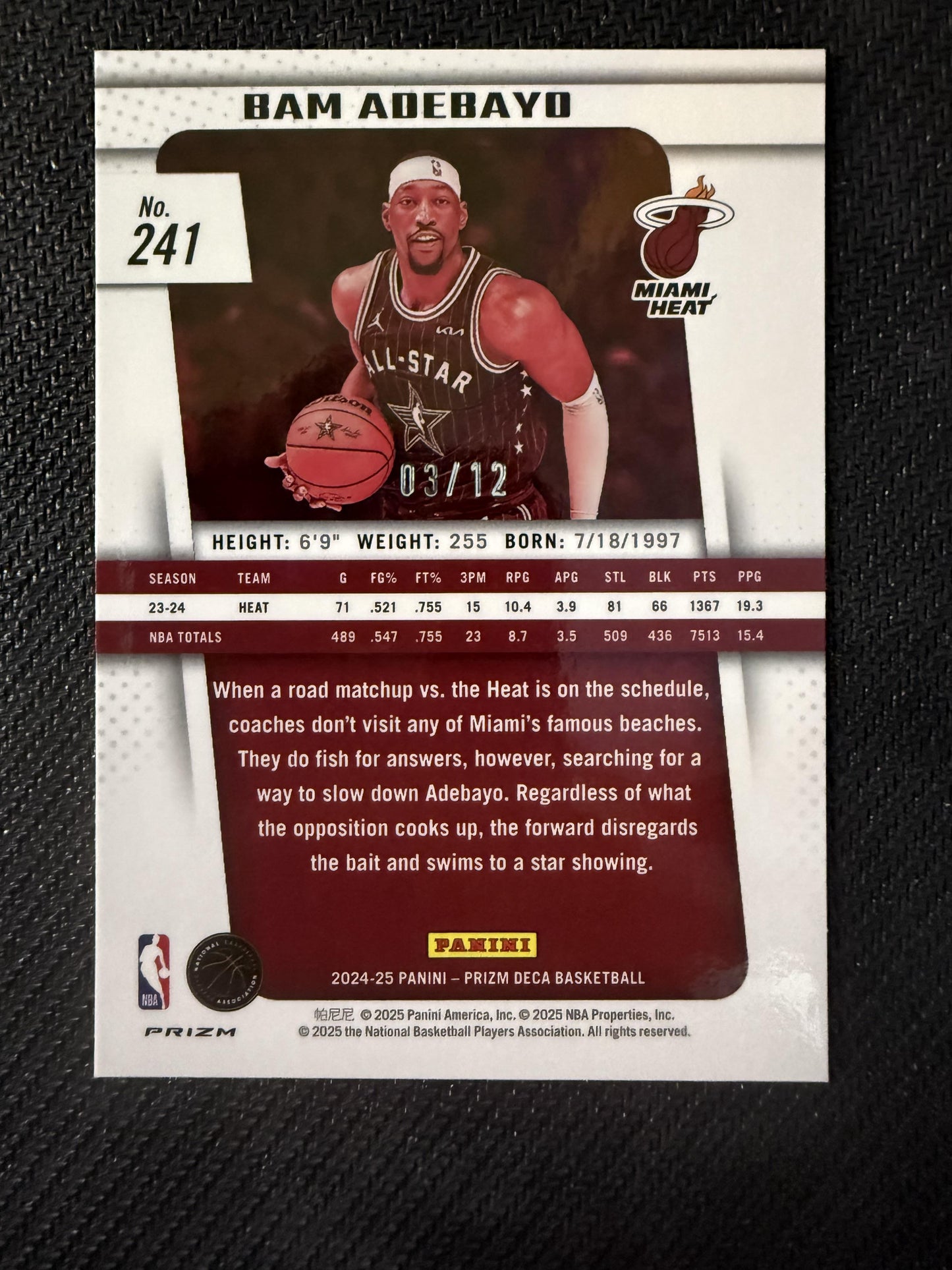 #241 Bam Adebayo 2024-25 Panini Prizm Deca SN #/12 Miami Heat Green Shimmer FOTL