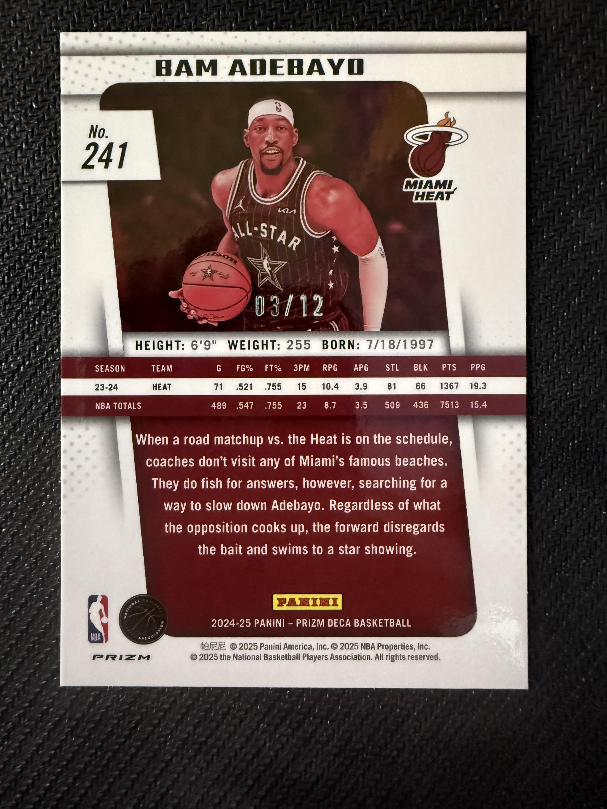 #241 Bam Adebayo 2024-25 Panini Prizm Deca SN #/12 Miami Heat Green Shimmer FOTL