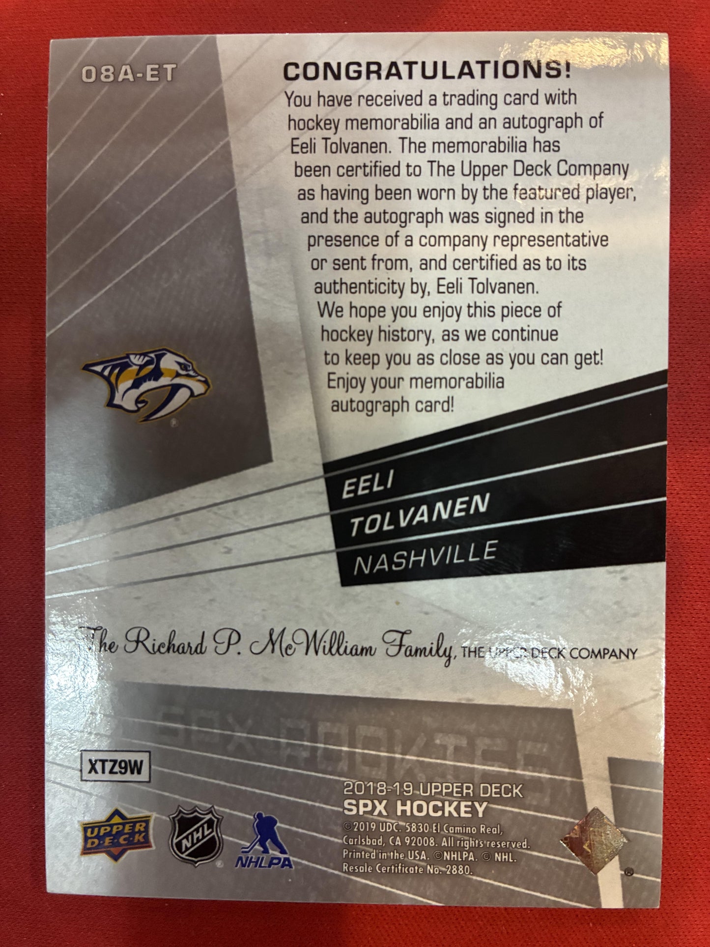 #08A-ET Eeli Tolvanen 2018-19 SPx Auto /199 Predators Retro Jersey Autographs