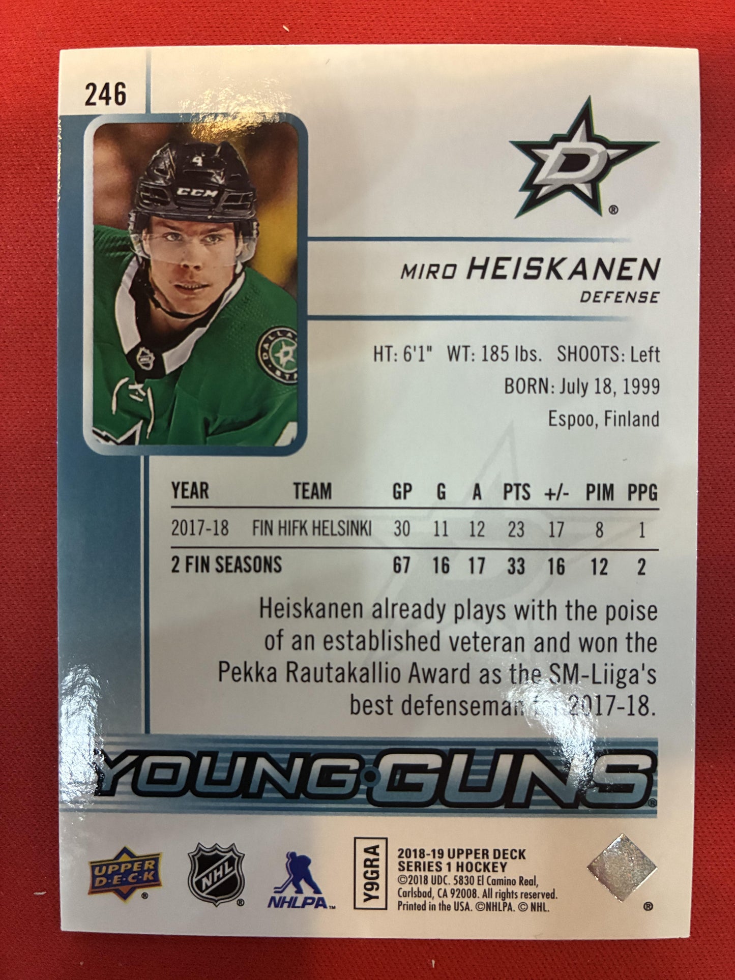 #246 Miro Heiskanen 2018-19 Upper Deck RC Rookie Dallas Stars sports