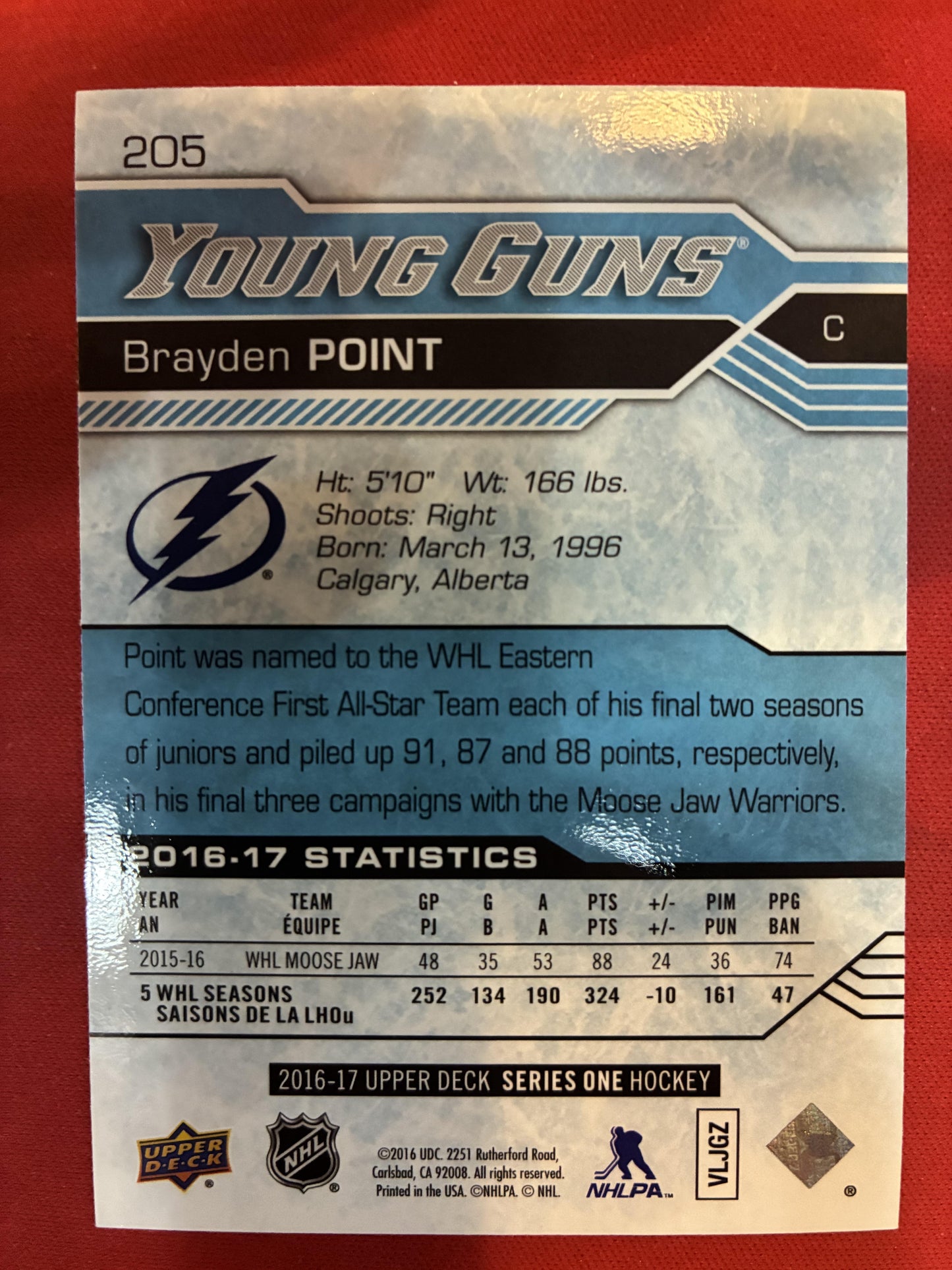 #205 Brayden Point 2016-17 Upper Deck RC Rookie Tampa Bay Lightning sports