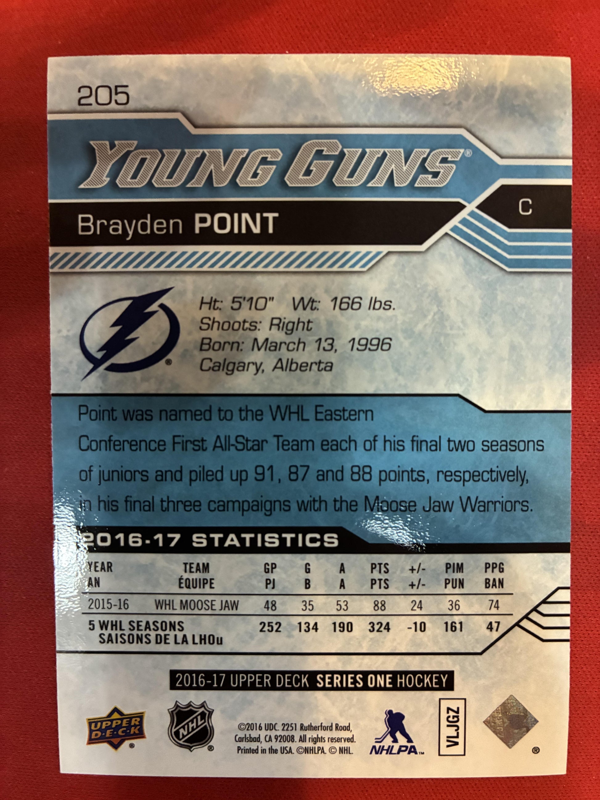 #205 Brayden Point 2016-17 Upper Deck RC Rookie Tampa Bay Lightning sports