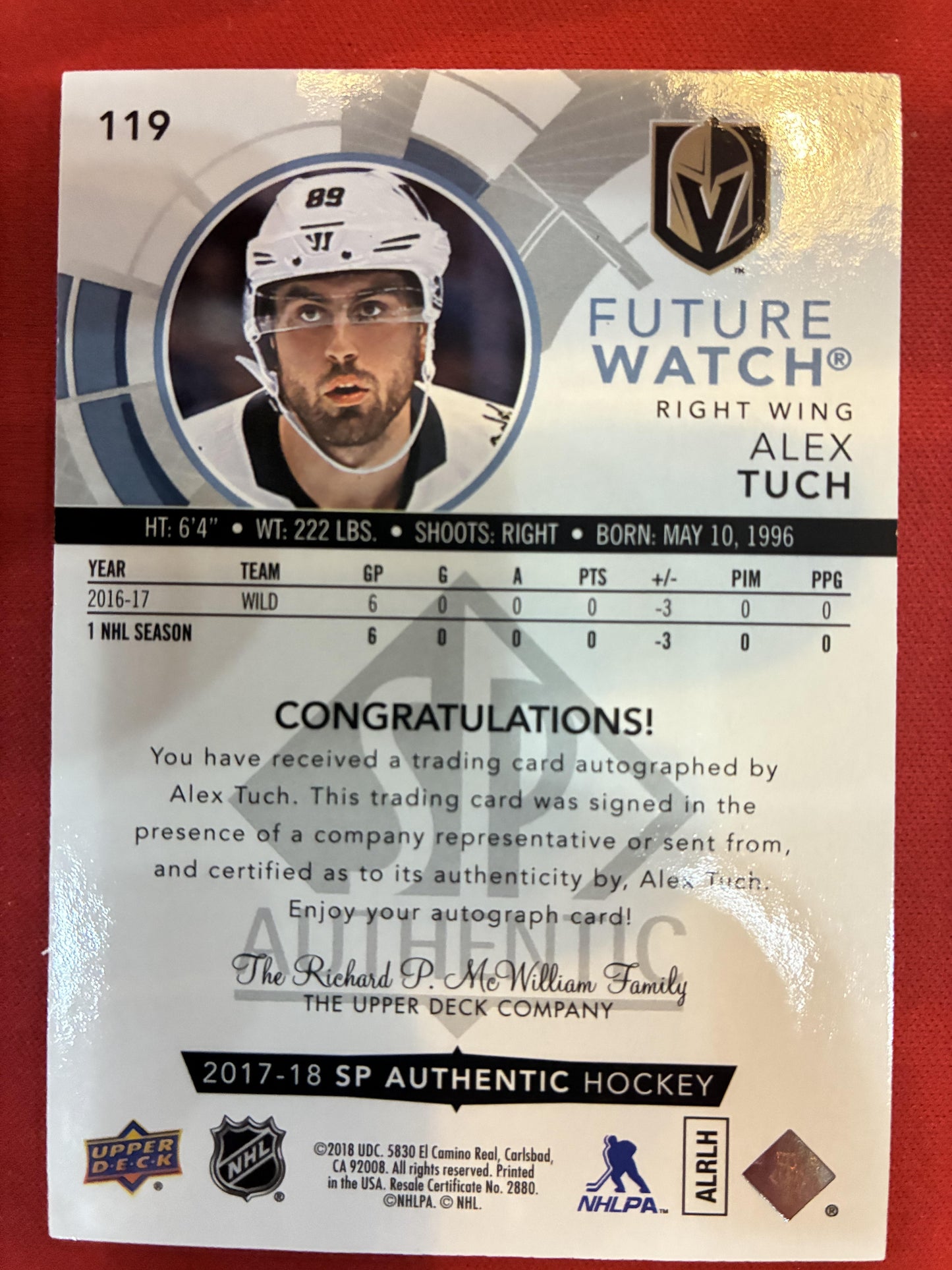 #119 Alex Tuch 2017-18 SP Authentic SN,RC,AU Rookie Auto #/999 Golden Knights