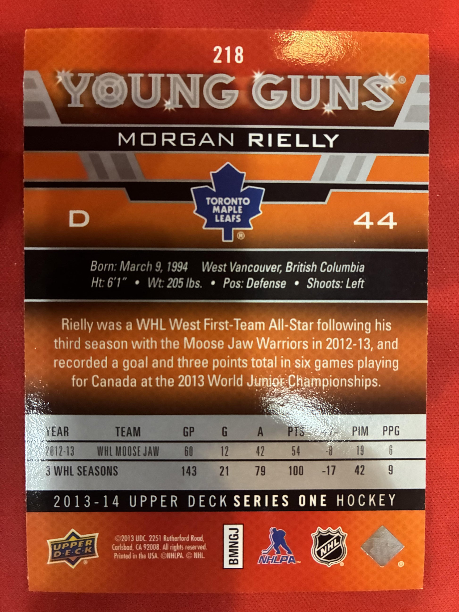#218 Morgan Rielly 2013-14 Upper Deck RC Rookie Toronto Maple Leafs sports
