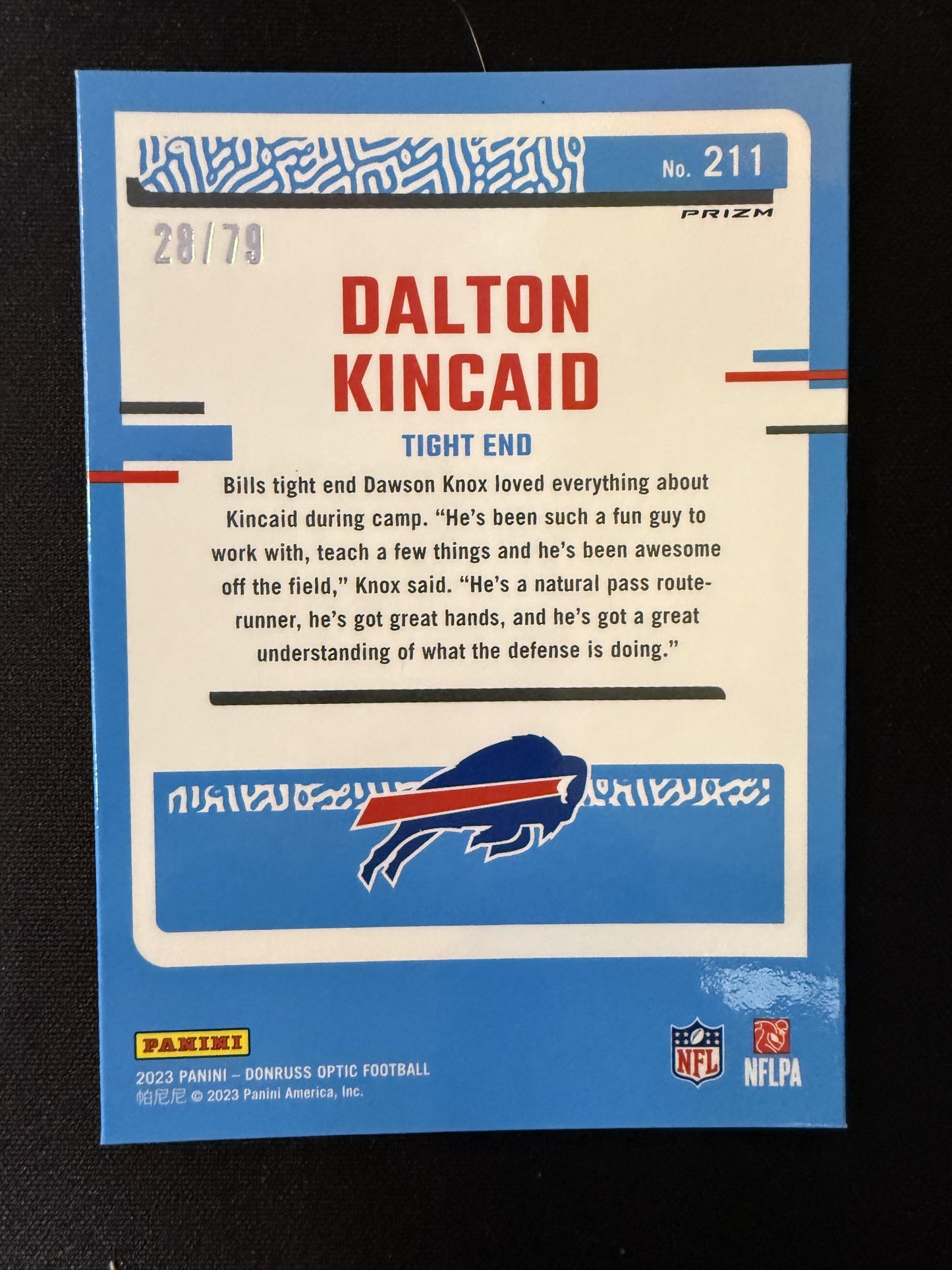 #211 Dalton Kincaid 2023 Donruss Optic SN,RC Rookie /79 Bills Orange Scope