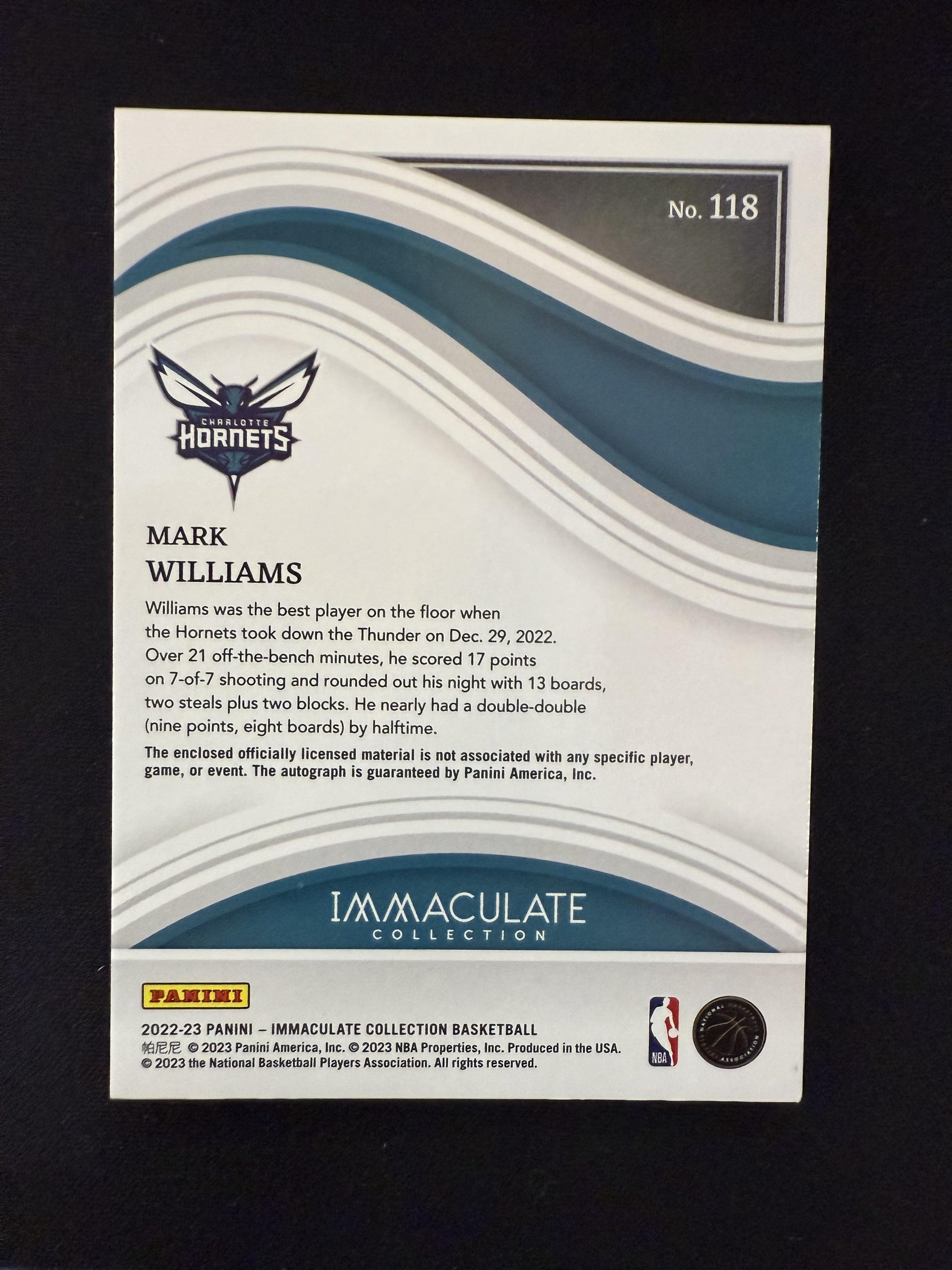 #118 Mark Williams 2022-23 Panini Immaculate Collection Auto /49 Hornets Red