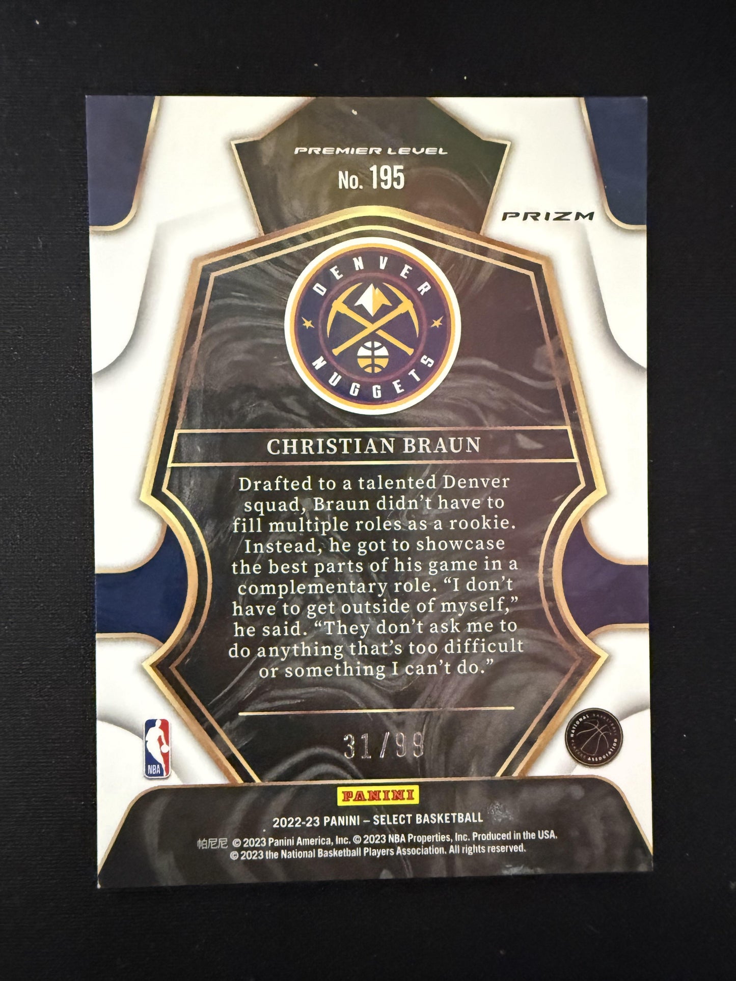 #195 Christian Braun 2022-23 Panini Select /99 Nuggets Light Blue Disco
