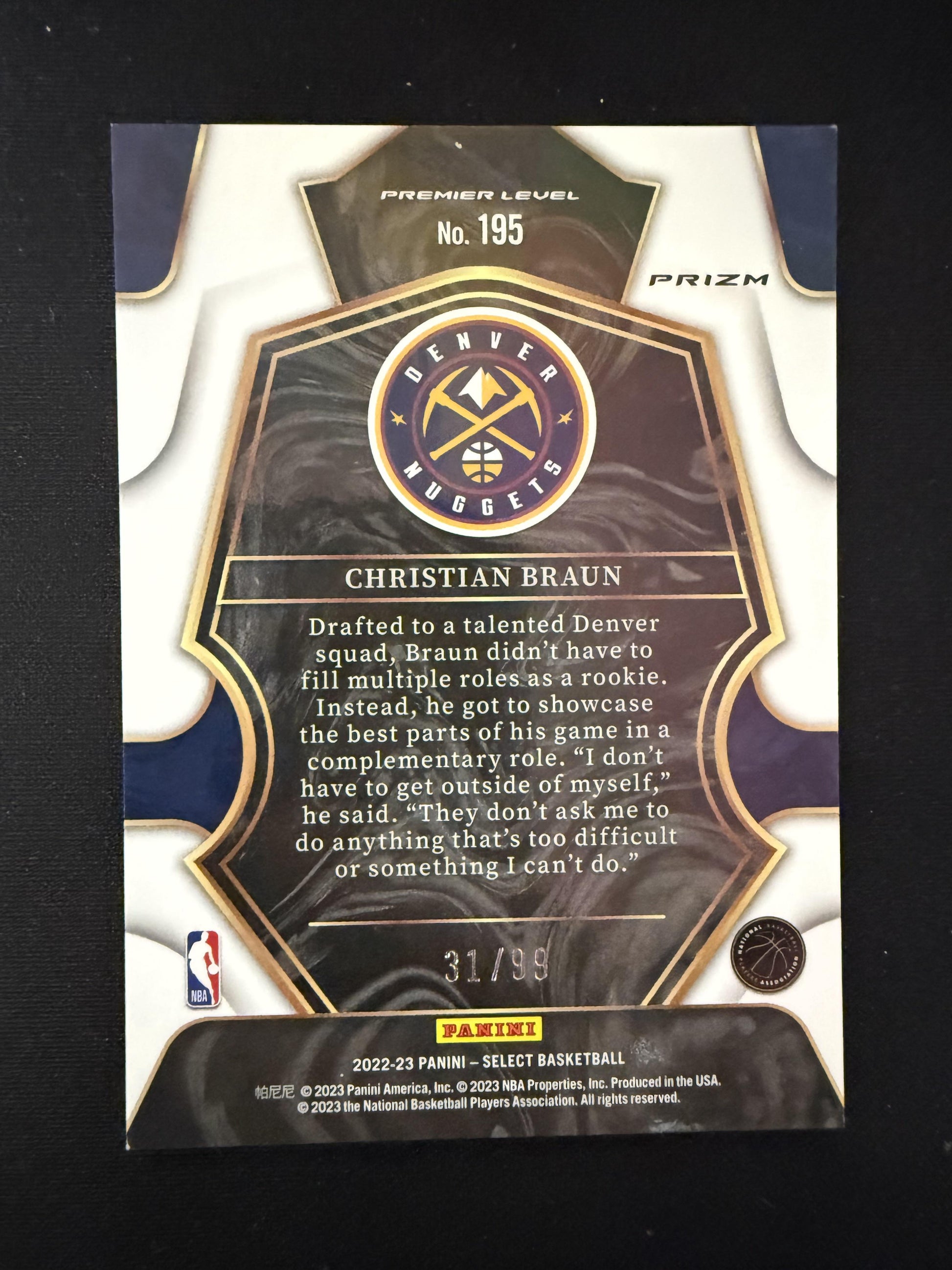 #195 Christian Braun 2022-23 Panini Select /99 Nuggets Light Blue Disco