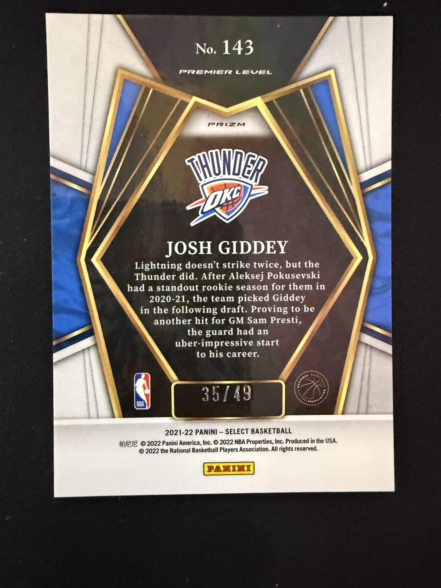 #143 Josh Giddey 2021-22 Panini Select SN,RC Rookie #/49 Thunder Red Disco