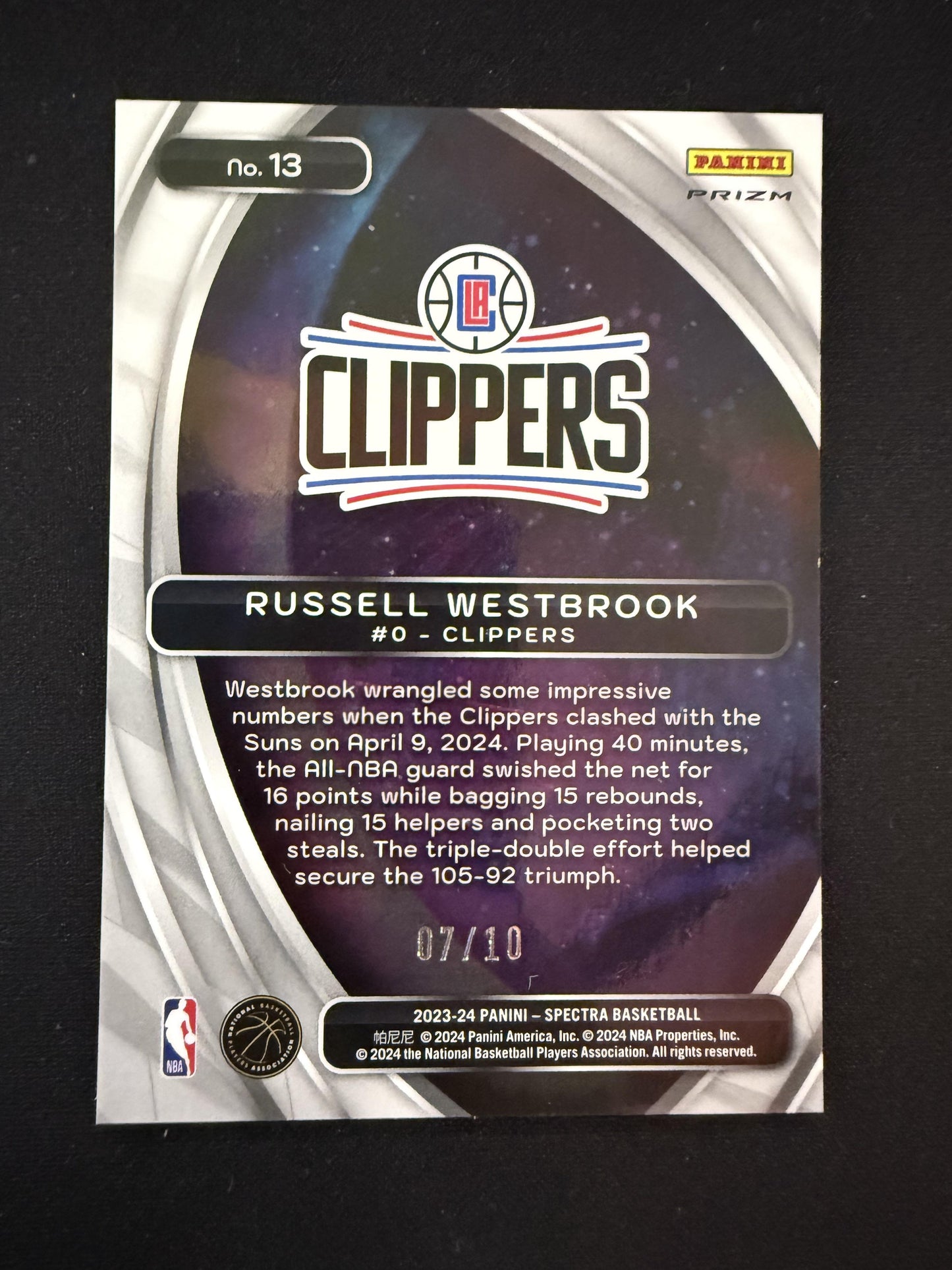 #13 Russell Westbrook 2023-24 Panini Spectra SN #/10 Clippers Titan Gold