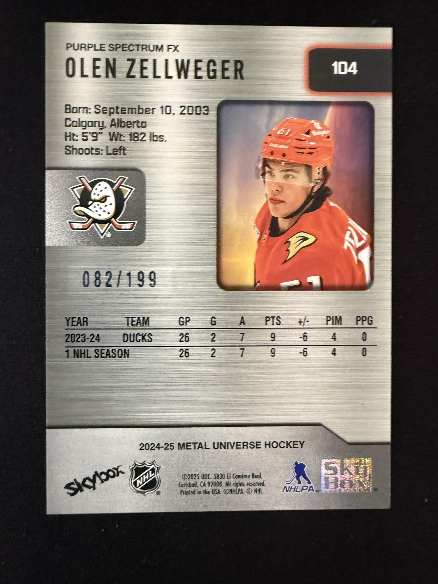 #104 Olen Zellweger 2024-25 SkyBox Metal Universe /199 Ducks Purple Spectrum FX