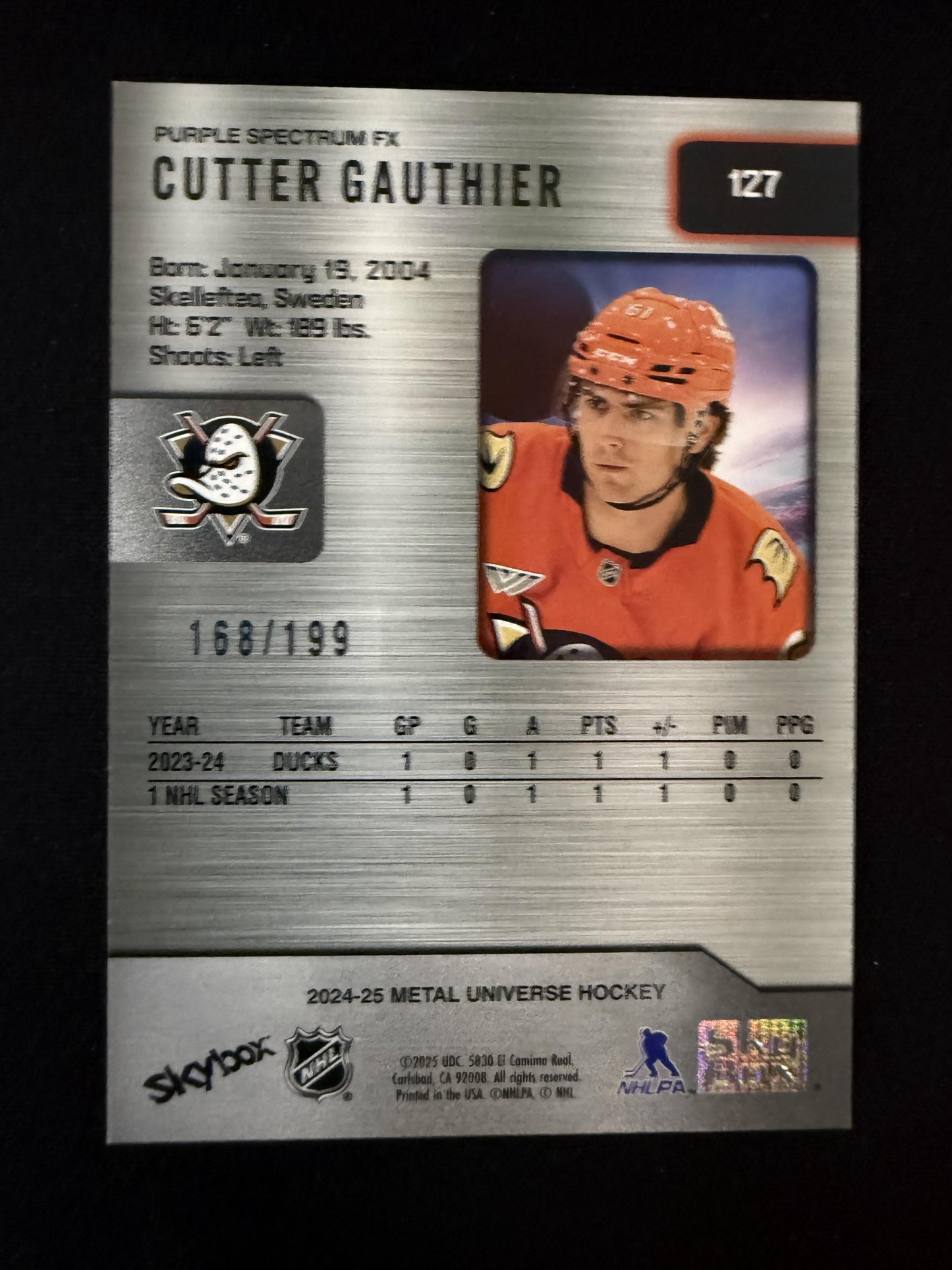 #127 Cutter Gauthier 2024-25 SkyBox Metal Universe /199 Ducks Purple Spectrum FX
