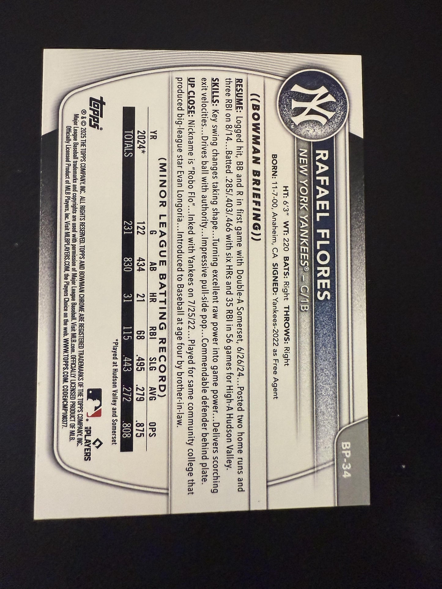 #BP-34 Rafael Flores 2025 Bowman SN #/50 New York Yankees sports Prospects Gold