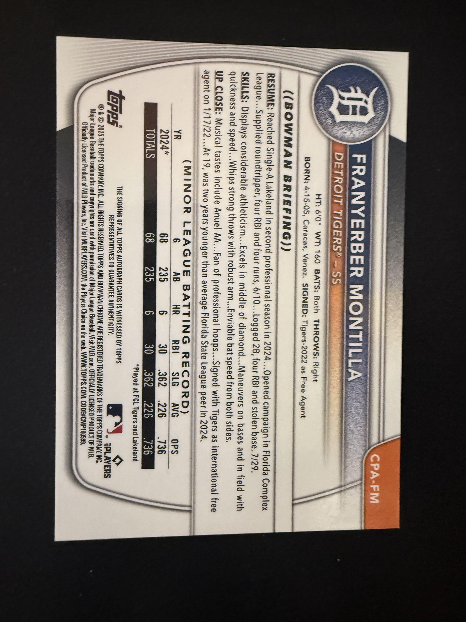 #CPA-FM Franyerber Montilla 2025 Bowman SN,AU Auto #/99 Tigers Green Shimmer