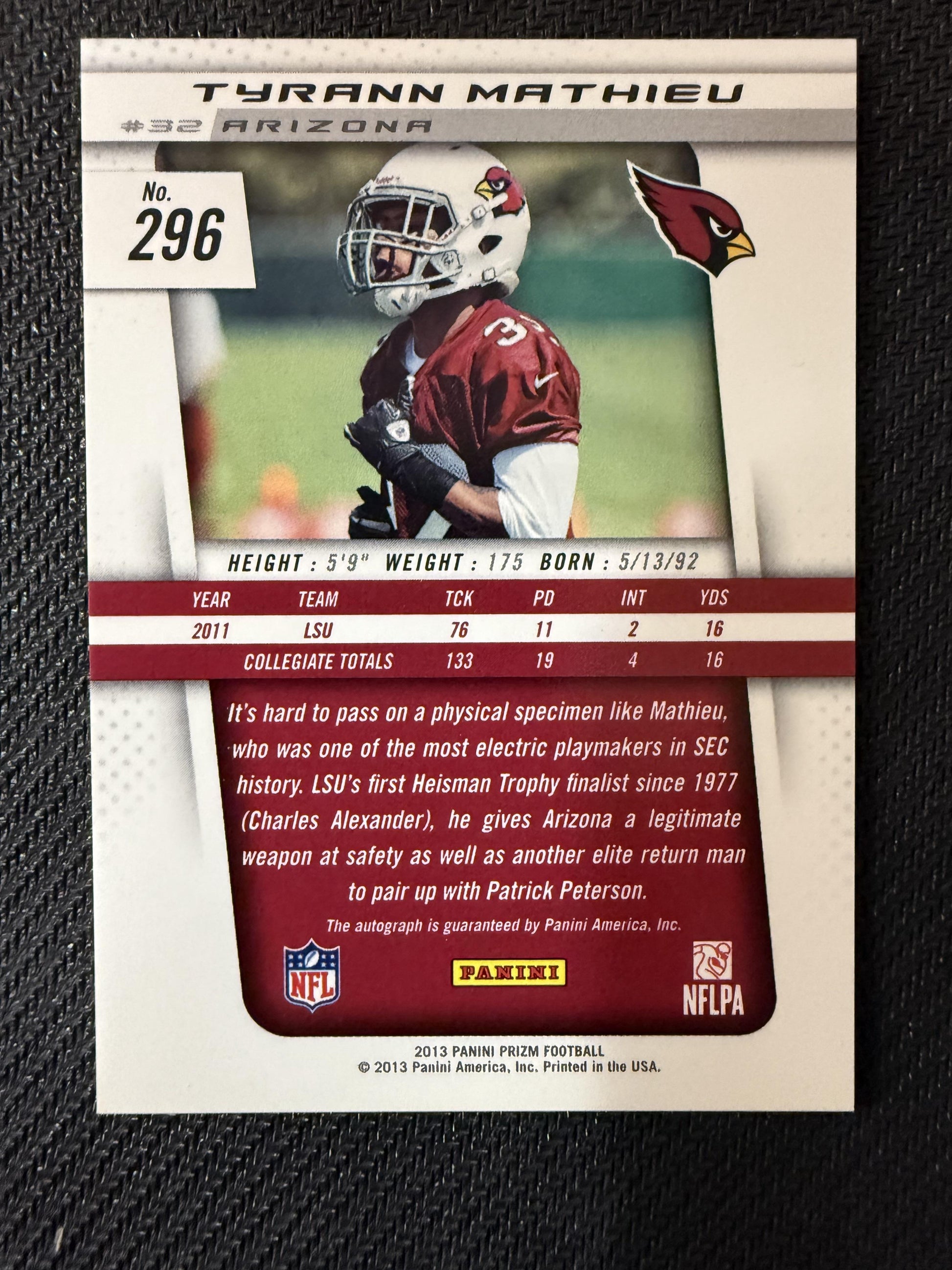 #296 Tyrann Mathieu 2013 Panini Prizm RC,AU Rookie Auto Arizona Cardinals