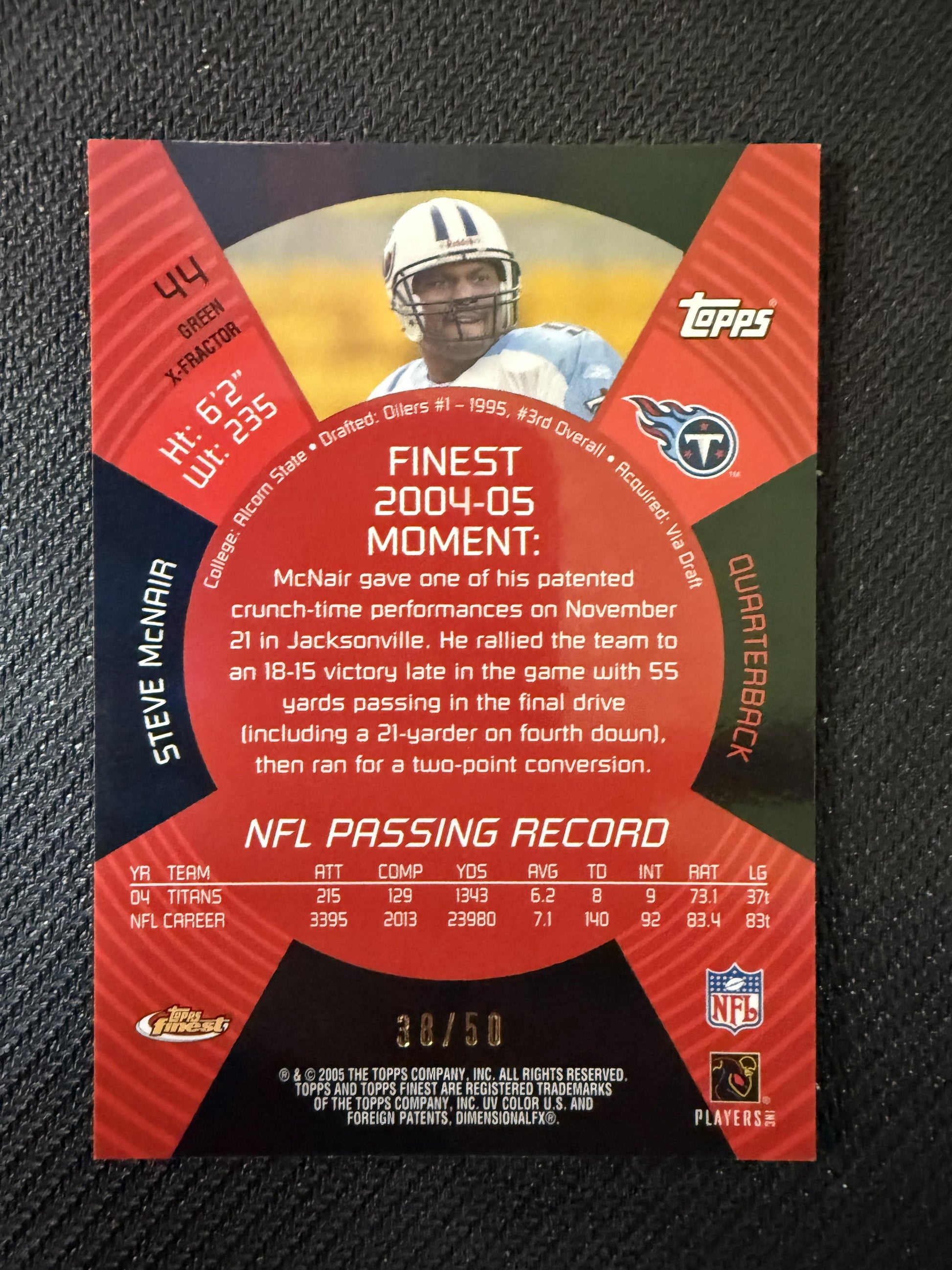 #44 Steve McNair 2005 Finest SN #/50 Tennessee Titans sports Green Xfractors