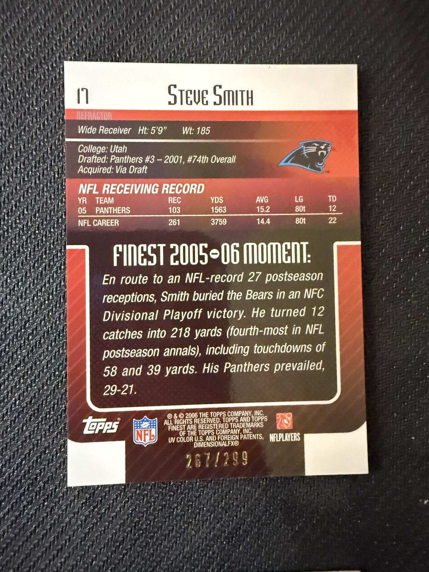 #17 Steve Smith 2006 Finest SN #/299 Carolina Panthers sports Blue Refractors