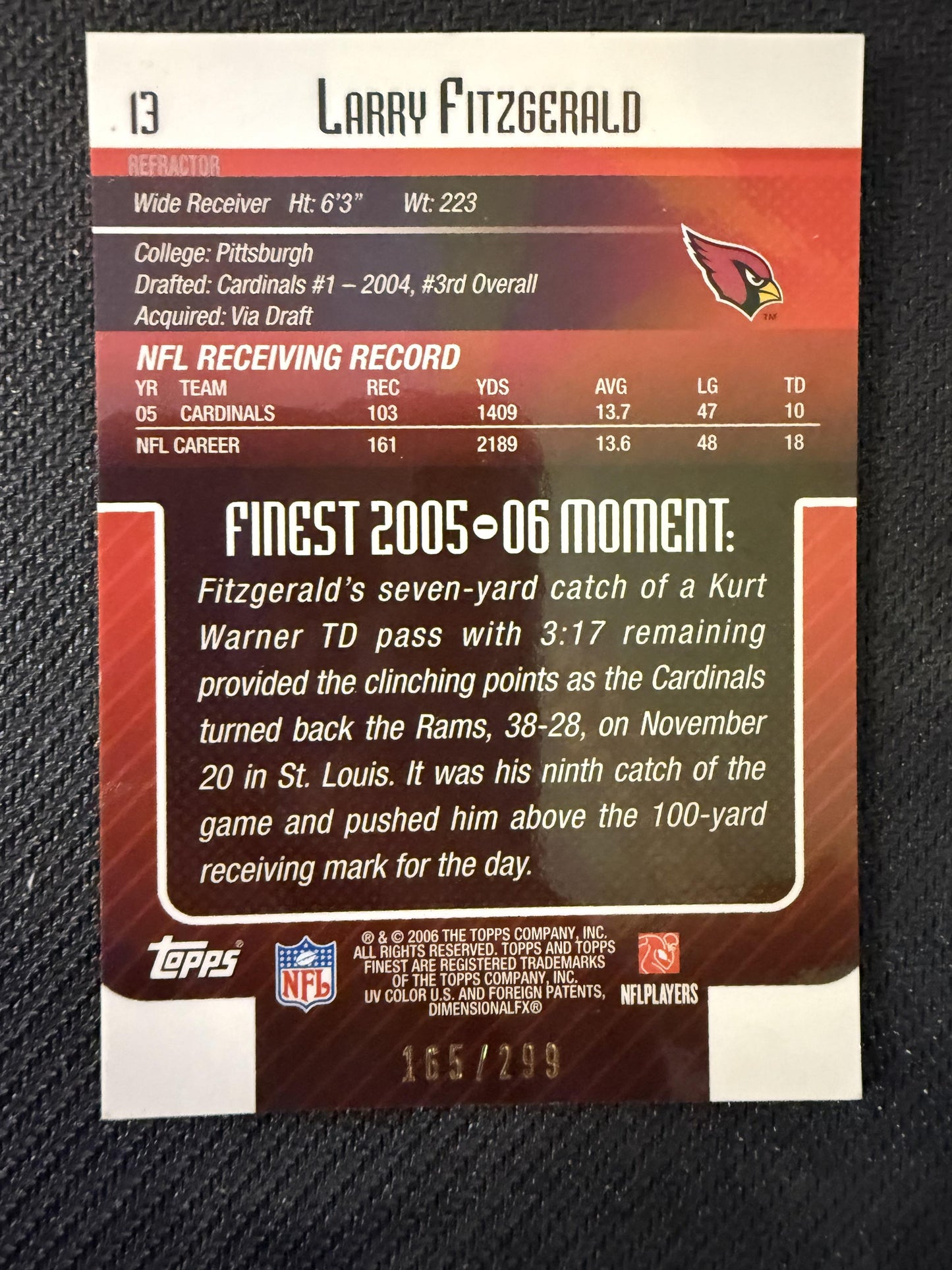 #71 Larry Fitzgerald 2007 Finest SN #/299 Arizona Cardinals Blue Refractors