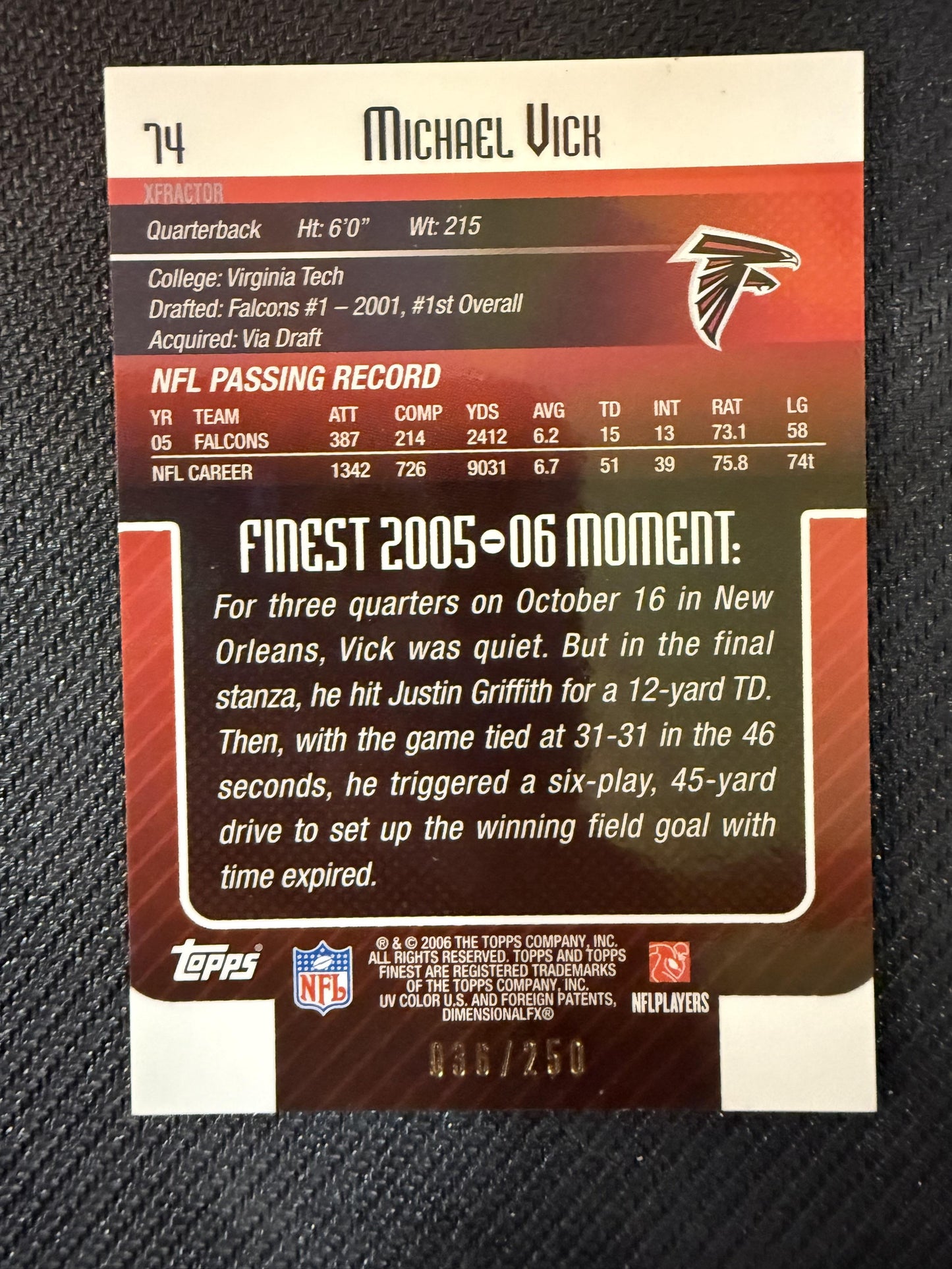 #74 Michael Vick 2006 Finest SN #/250 Atlanta Falcons sports Xfractors