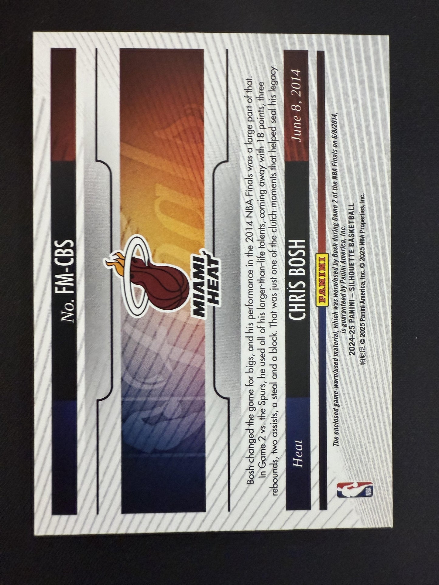 #FM-CBS CHRIS BOSH 2024 PANINI SILHOUETTE 2014 NBA FINALS PATCH