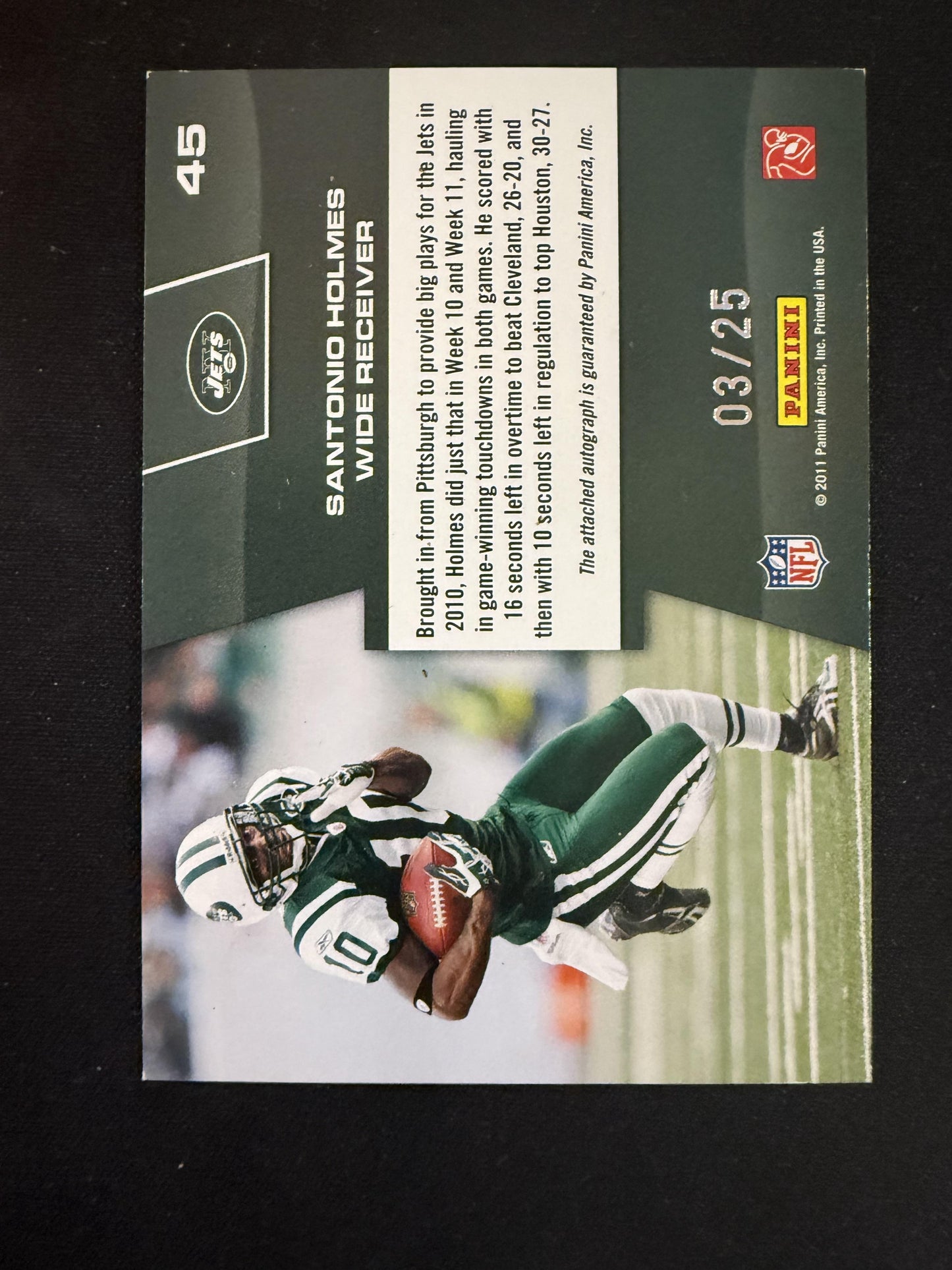 #45 Santonio Holmes 2011 Panini Prestige SN /25 Jets Prestigious Pros Black