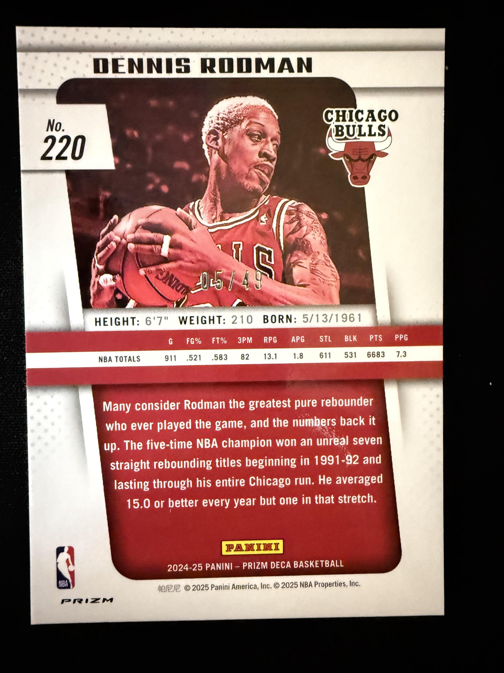 #220 Dennis Rodman 2024-25 Panini Prizm Deca SN #/49 Chicago Bulls sports Orange
