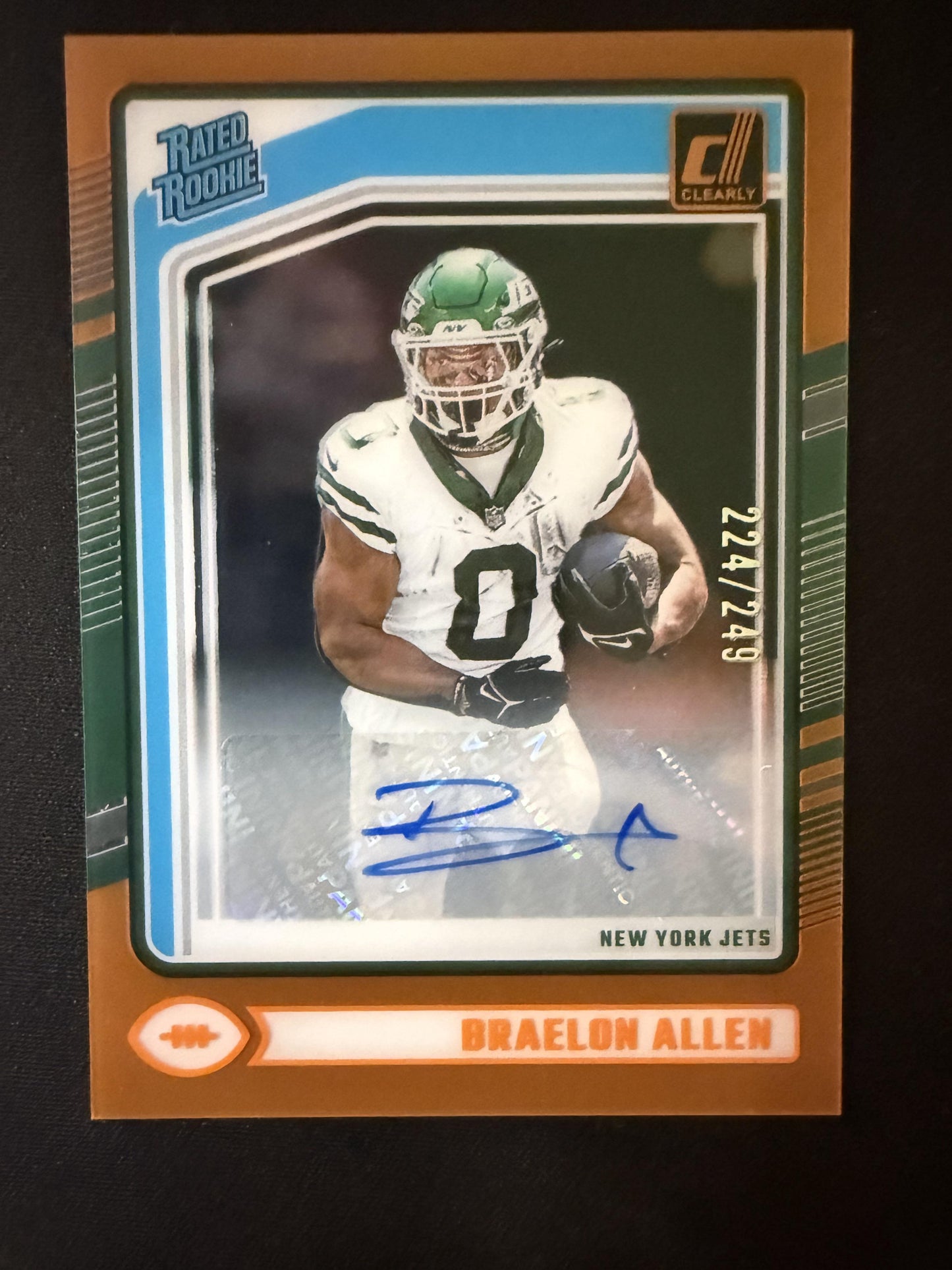 #90 Braelon Allen 2024 Clearly Donruss Rookie Auto #/249 New York Jets Orange