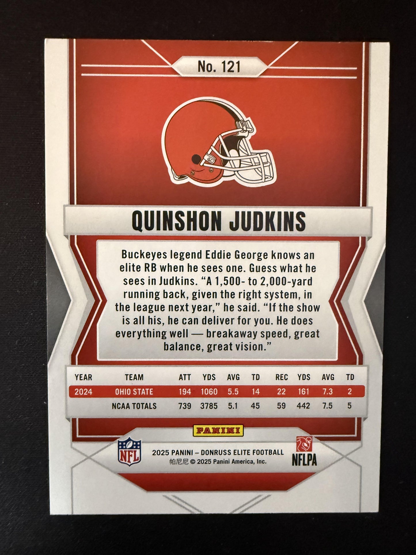 #121 Quinshon Judkins 2025 Donruss Elite /649 Browns Lavendar Pyramids