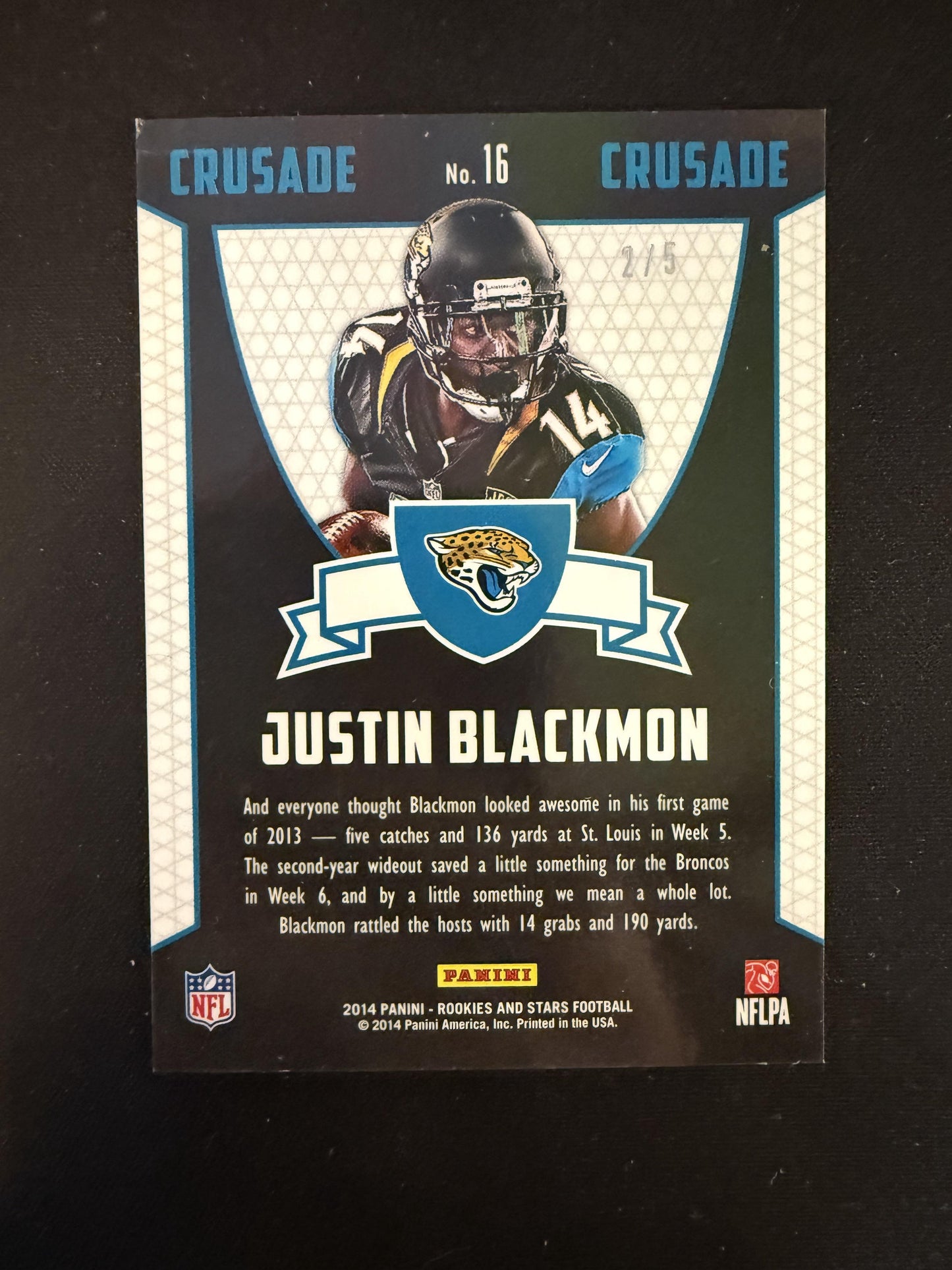 #16 Justin Blackmon 2014 Panini Rookies & Stars SN #/5 Jaguars Crusade Green