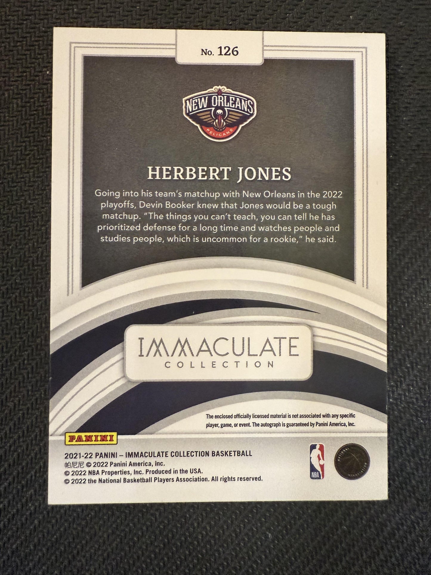 #126 Herbert Jones 2021-22 Panini Immaculate Collection Auto /99 Pelicans