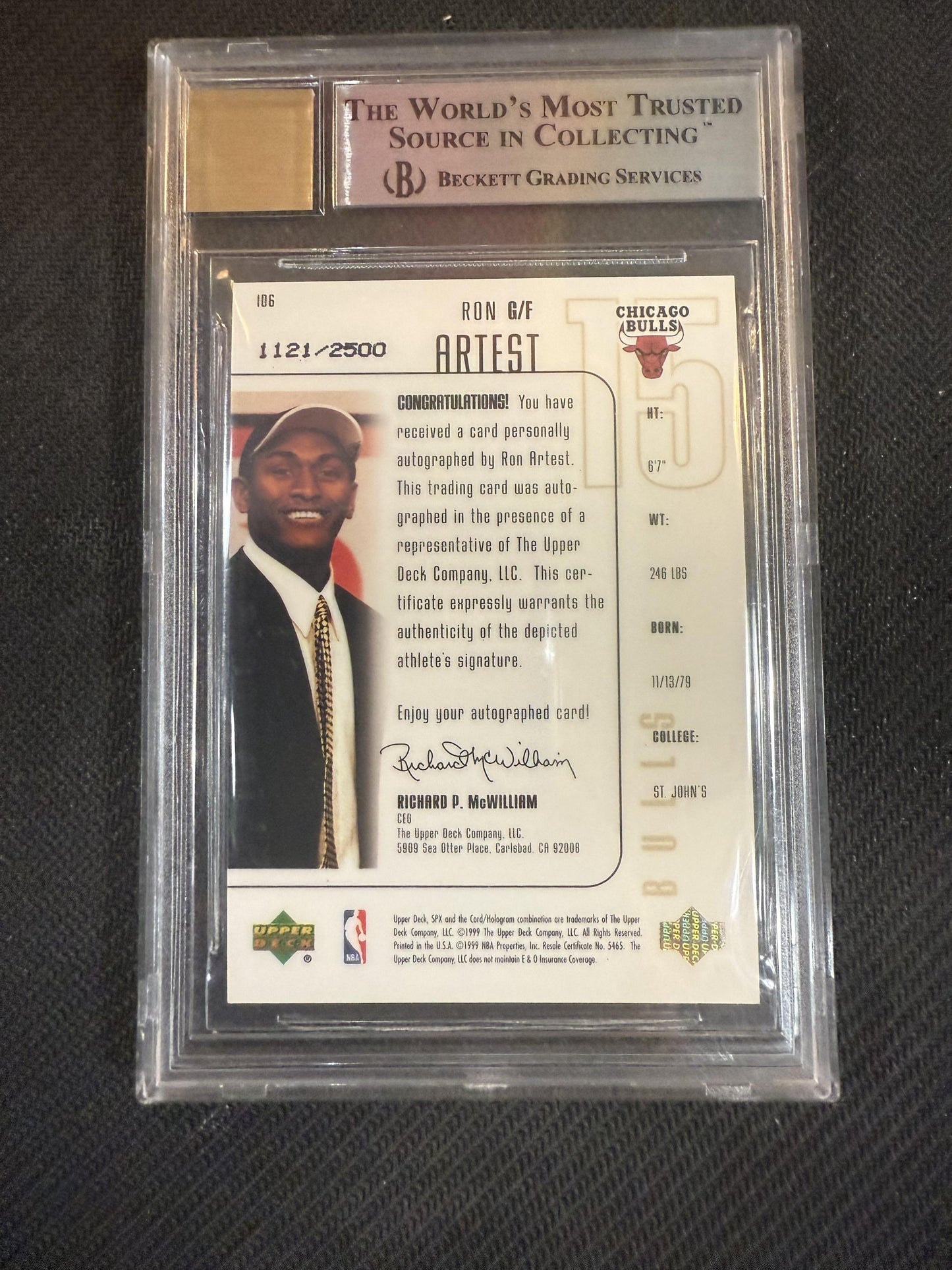 #106 Ron Artest 1999-00 SPx Auto /2500 Bulls