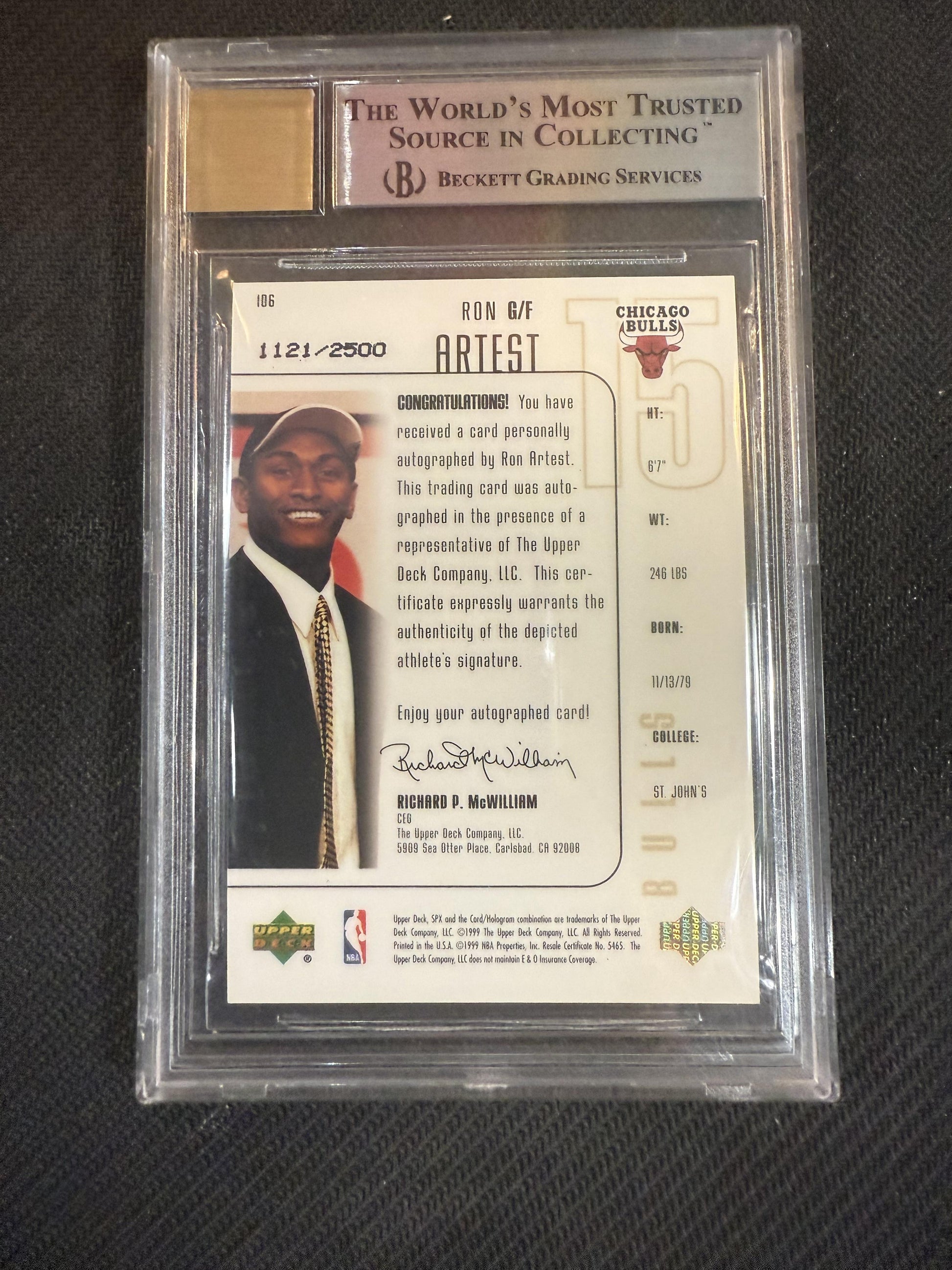 #106 Ron Artest 1999-00 SPx Auto /2500 Bulls