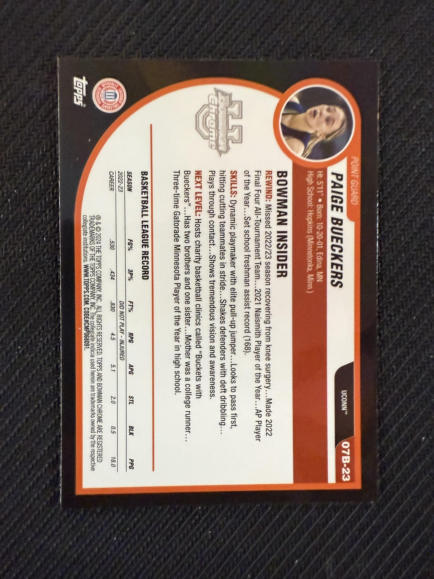 #07B-23 Paige Bueckers 2023-24 Bowman University Chrome Connecticut Huskies