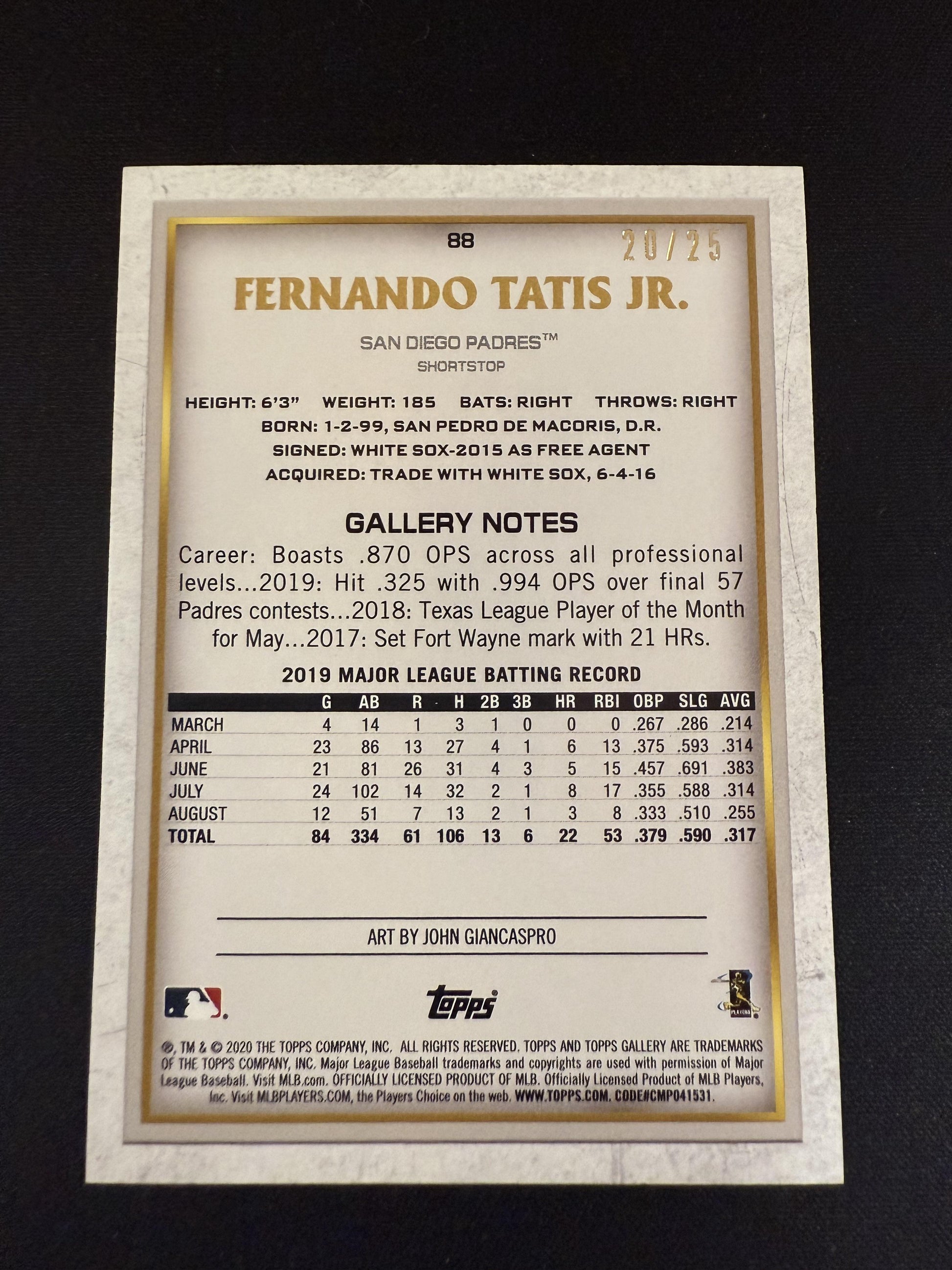 #88 Fernando Tatis Jr. 2020 Topps Gallery SN #/25 San Diego Padres sports Orange