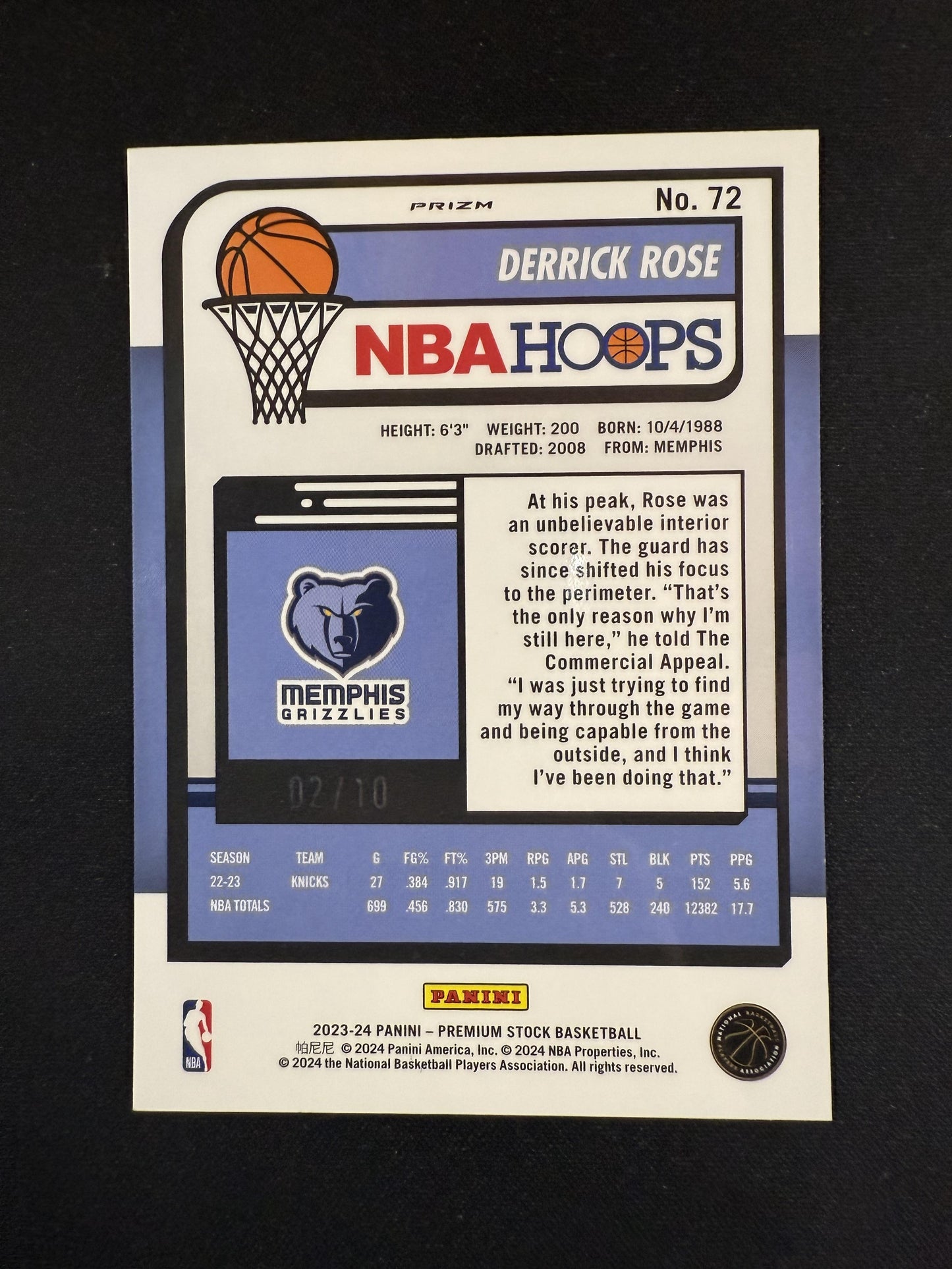 #72 Derrick Rose 2023-24 Hoops Premium Stock SN #/10 Grizzlies Gold Seismic