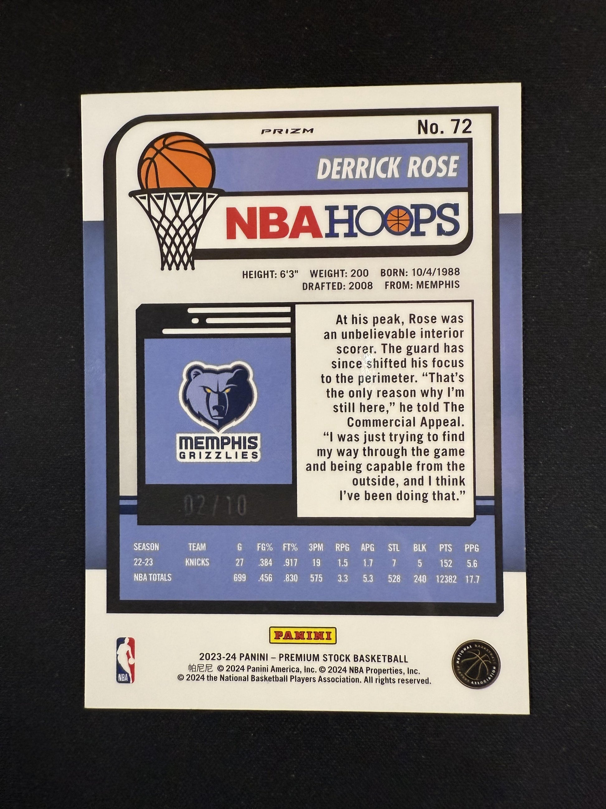 #72 Derrick Rose 2023-24 Hoops Premium Stock SN #/10 Grizzlies Gold Seismic