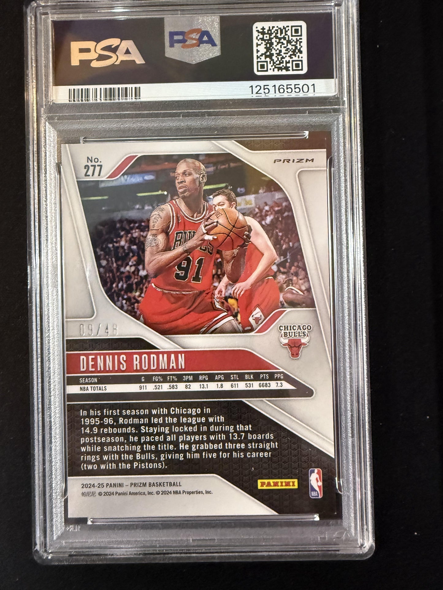 #277 Dennis Rodman 2024-25 Panini Prizm SN #/48 Bulls Jade Dragon Scale PSA 10