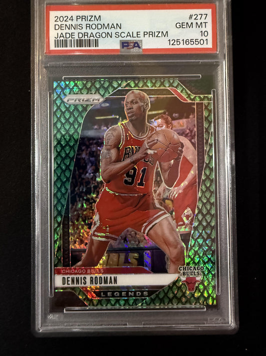 #277 Dennis Rodman 2024-25 Panini Prizm SN #/48 Bulls Jade Dragon Scale PSA 10