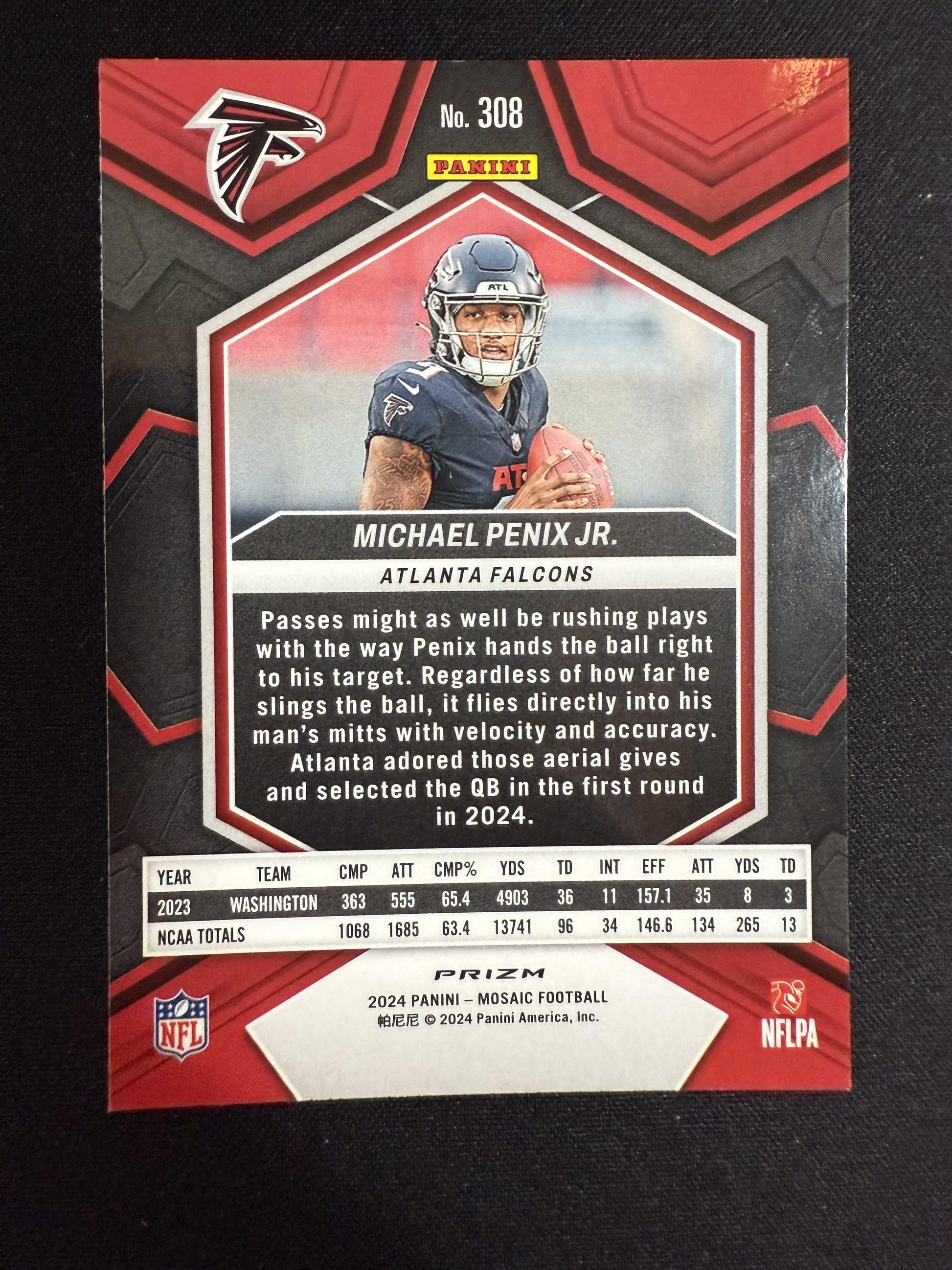 #308 Michael Penix Jr. 2024 Panini Mosaic Atlanta Falcons sports Red Sparkle
