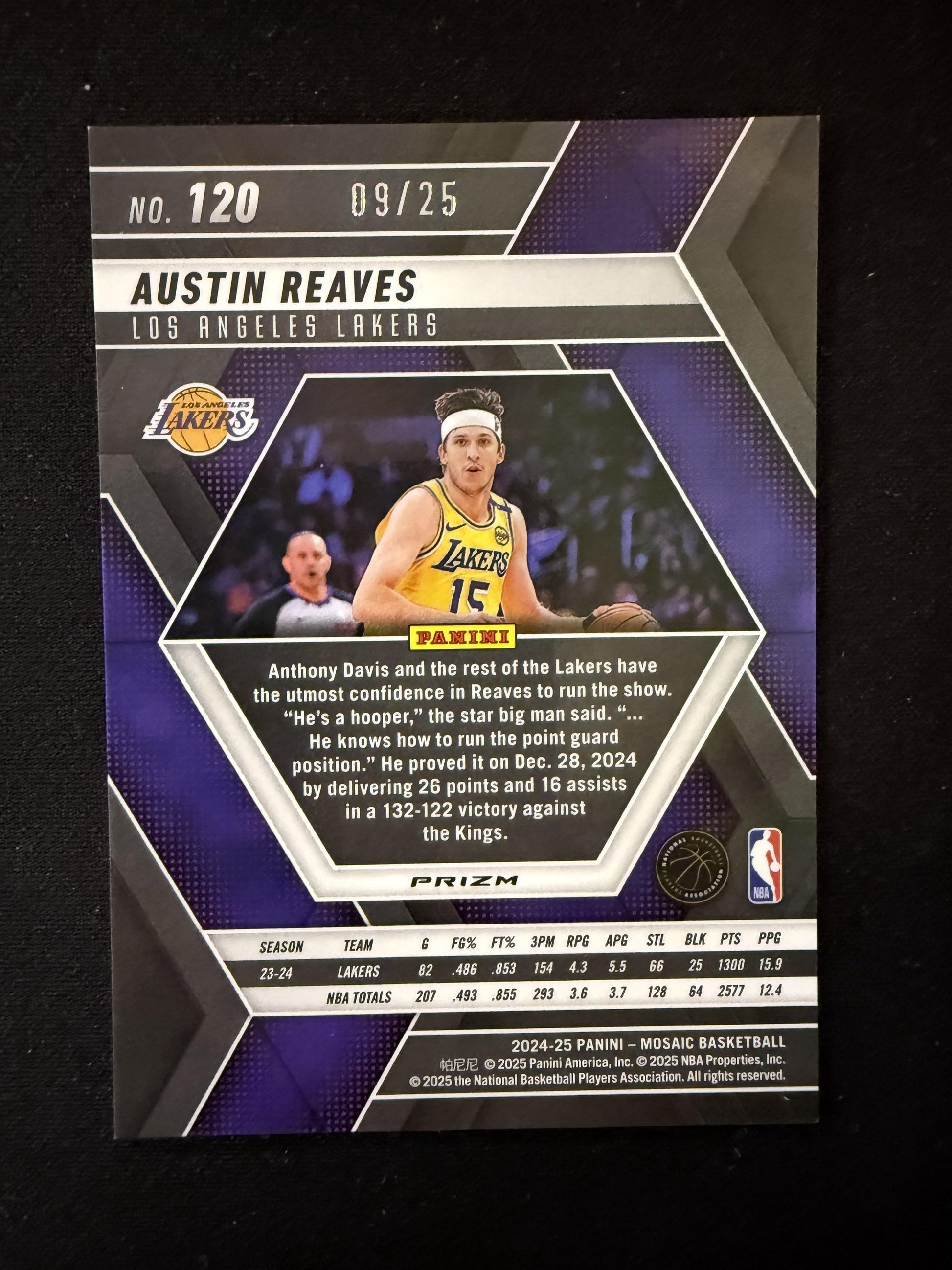 #120 Austin Reaves 2024-25 Panini Mosaic - Orange Fluorescent Mosaic /25 Lakers