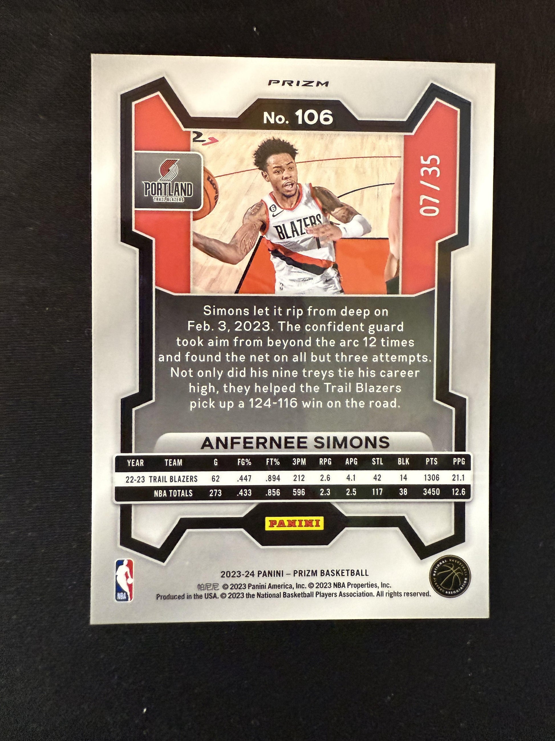 #106 Anfernee Simons 2023-24 Panini Prizm SN #/35 Trail Blazers Purple Pulsar